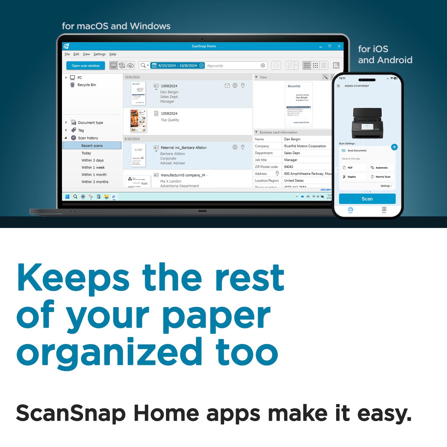 ScanSnap iX2500 Wireless or USB High-Speed Cloud Enabled Document, Photo & Receipt Scanner with Large 5" Touchscreen and 100 Page Auto Document Feeder for Mac or PC, Black