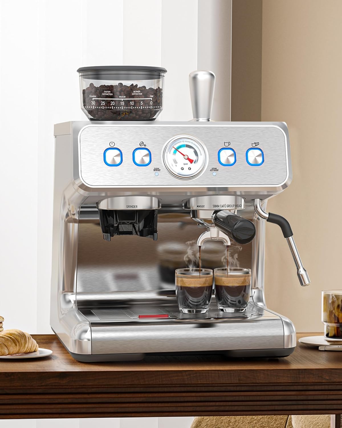 COWSAR 20 Bar Espresso Machine with Grinder & Milk Frother Steam Wand, 58mm Expresso Coffee machines, Commercial Stainless Steel Coffee Maker for Cappuccino and Latte, Perfect for Home Café-Pro