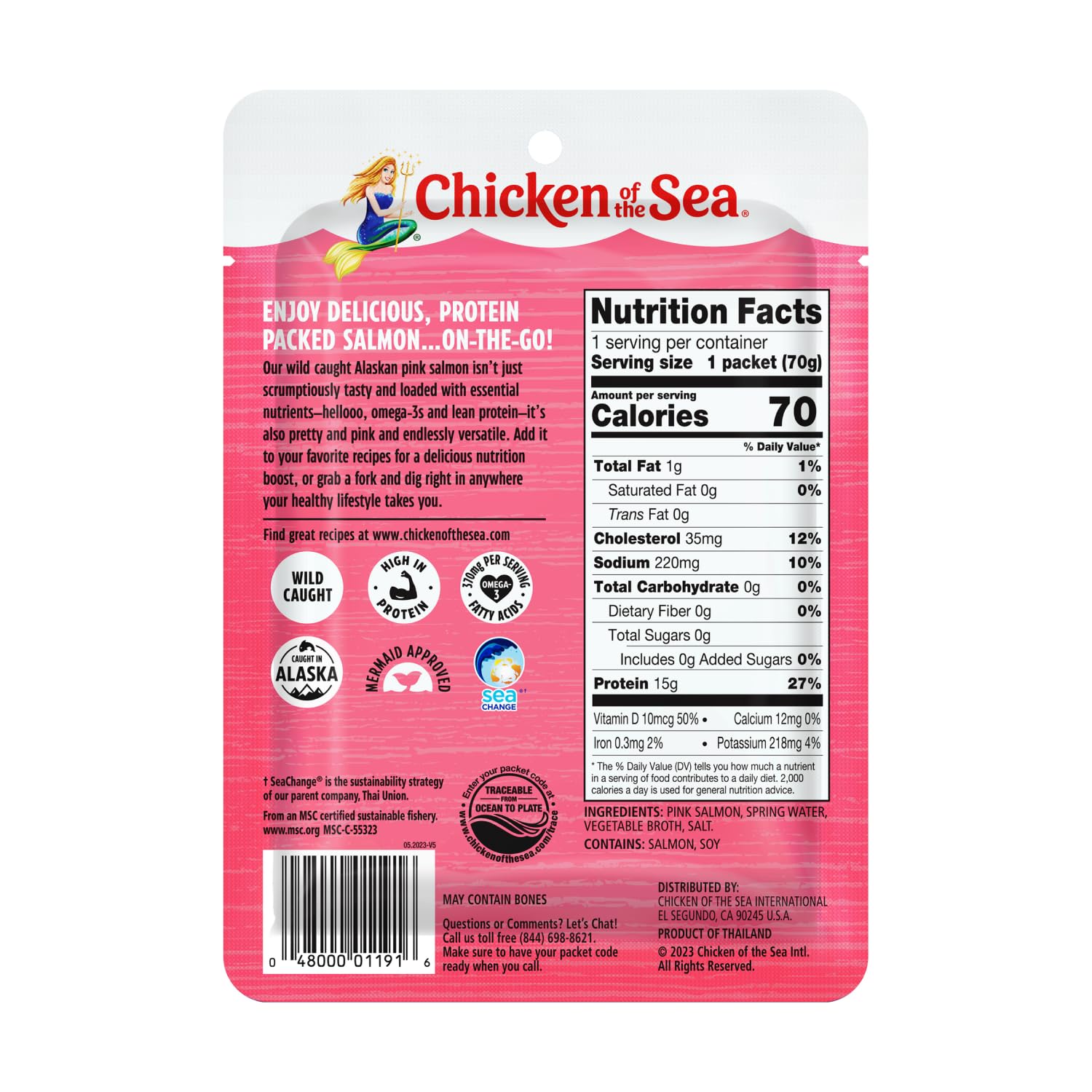 Chicken of the Sea Alaskan Pink Salmon in Spring Water, 2.5 Ounce Packets (Box of 12), Wild Caught, Skinless & Boneless
