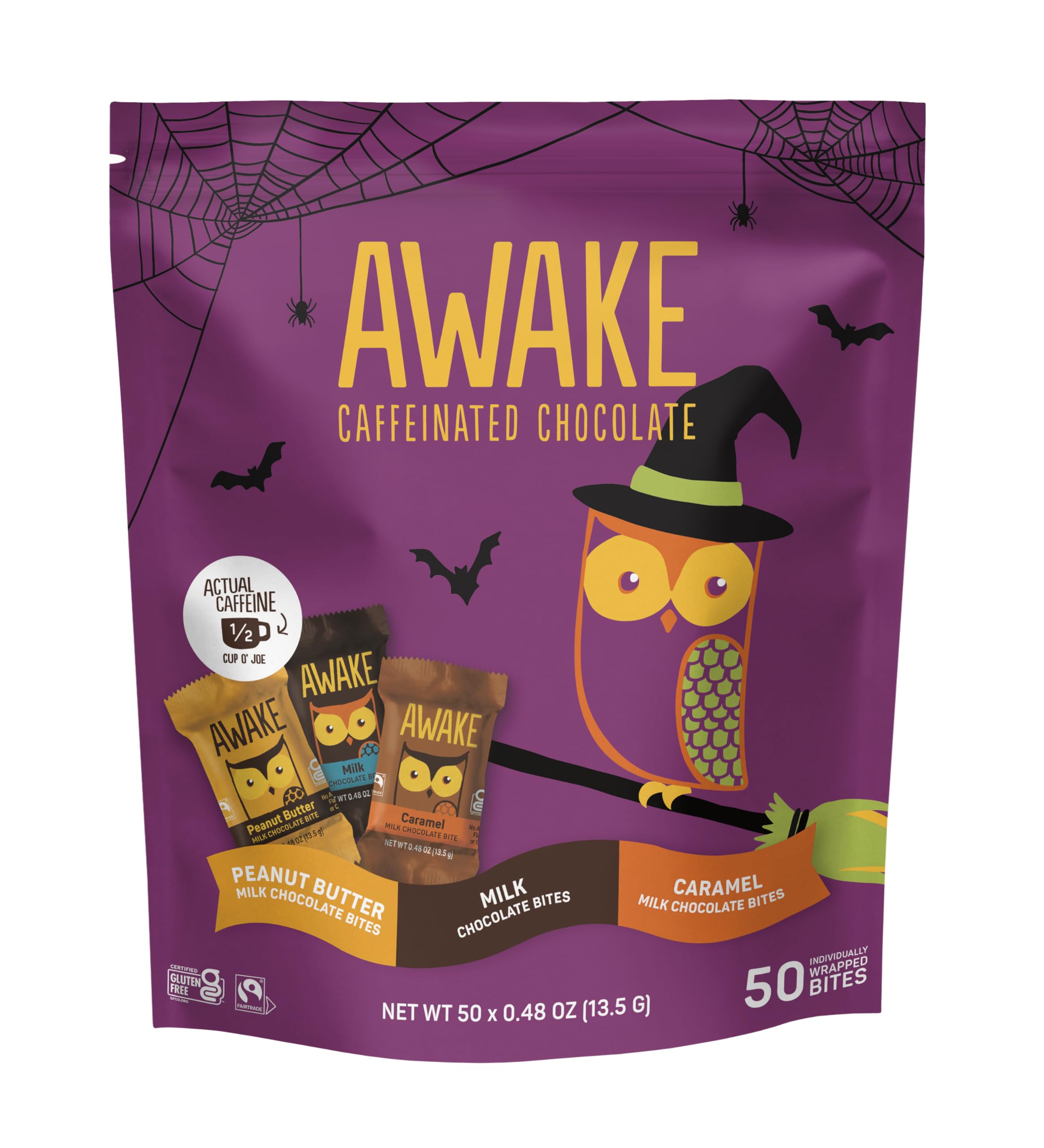 AWAKE - Caffeinated Chocolate Bites - Caramel Milk Chocolate, 50 Bites - 50mg Caffeine - Individually Wrapped Energy Bites - Coffee Alternative - Fairtrade, Gluten Free, Non GMO - 0.48oz