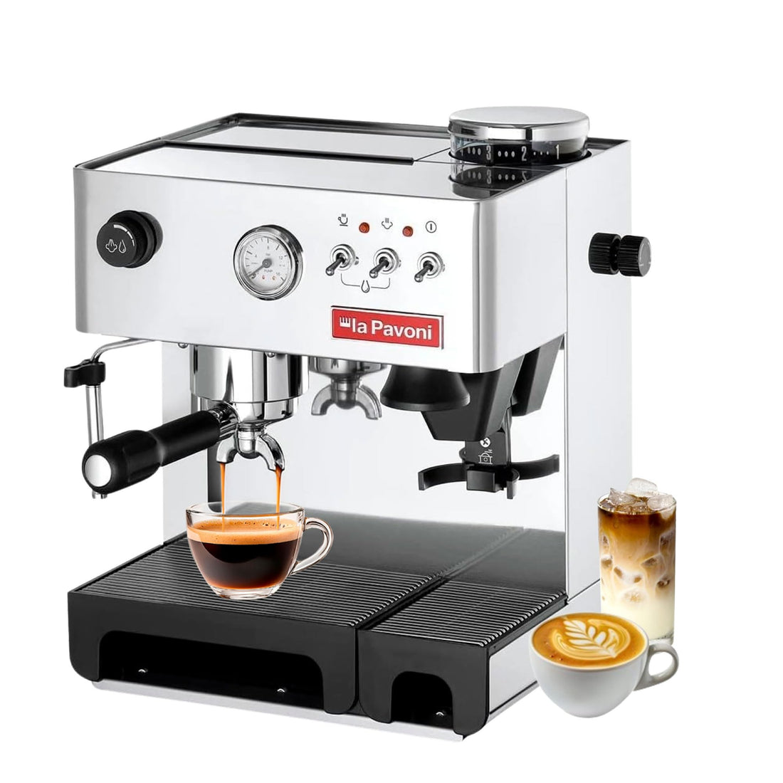 La Pavoni Domus Bar Espresso/Cappuccino Machine - Built-in Conical Burr Grinder with 7 Settings - Stainless Steel Body - 2.7L Water Reservoir - Turbo Steam Wand & Marine Brass Boiler - Made in Italy