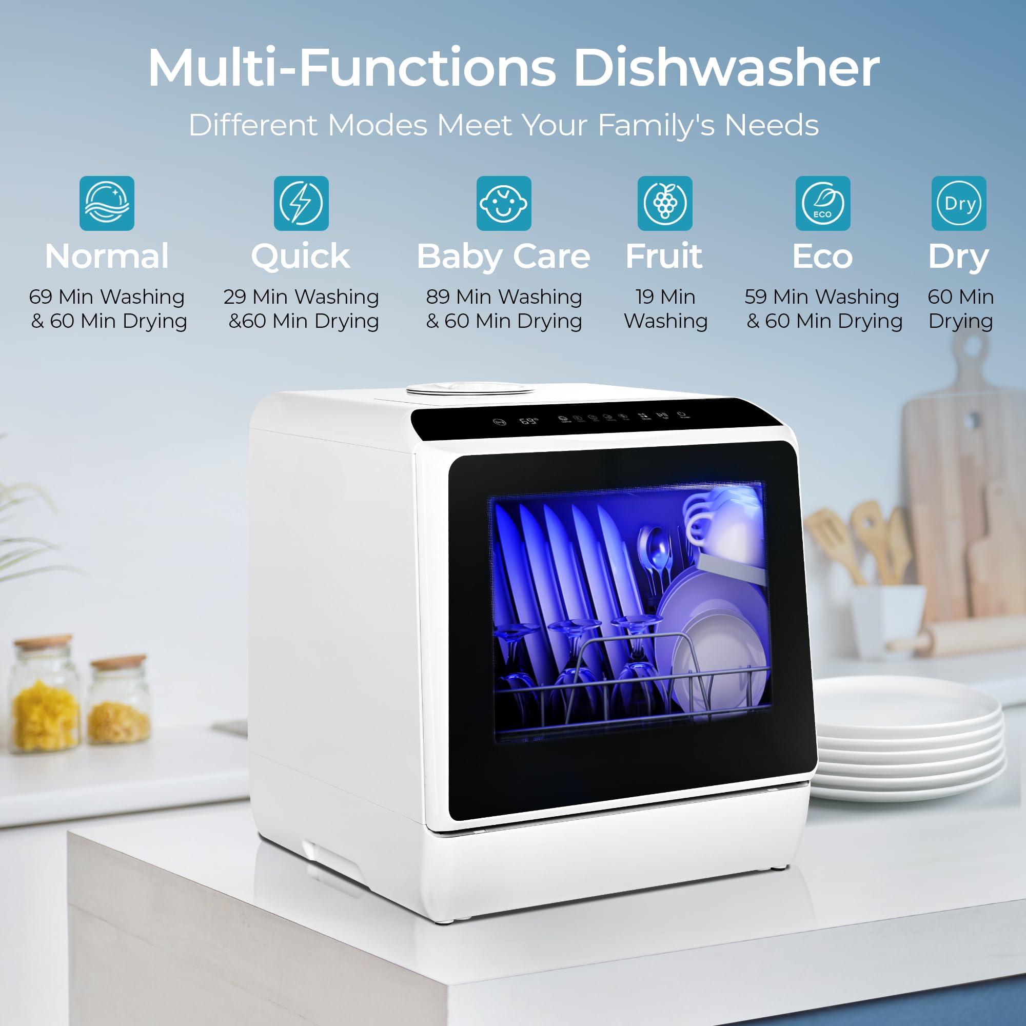 EUHOMY 6 Programs Countertop Dishwasher, Portable Dishwasher with 5L Built-in Water Tank & Inlet Hose, Mini Dishwasher for Apartments and RVs, High-Temp & Air-Dry Function, No Hookup Needed, Black