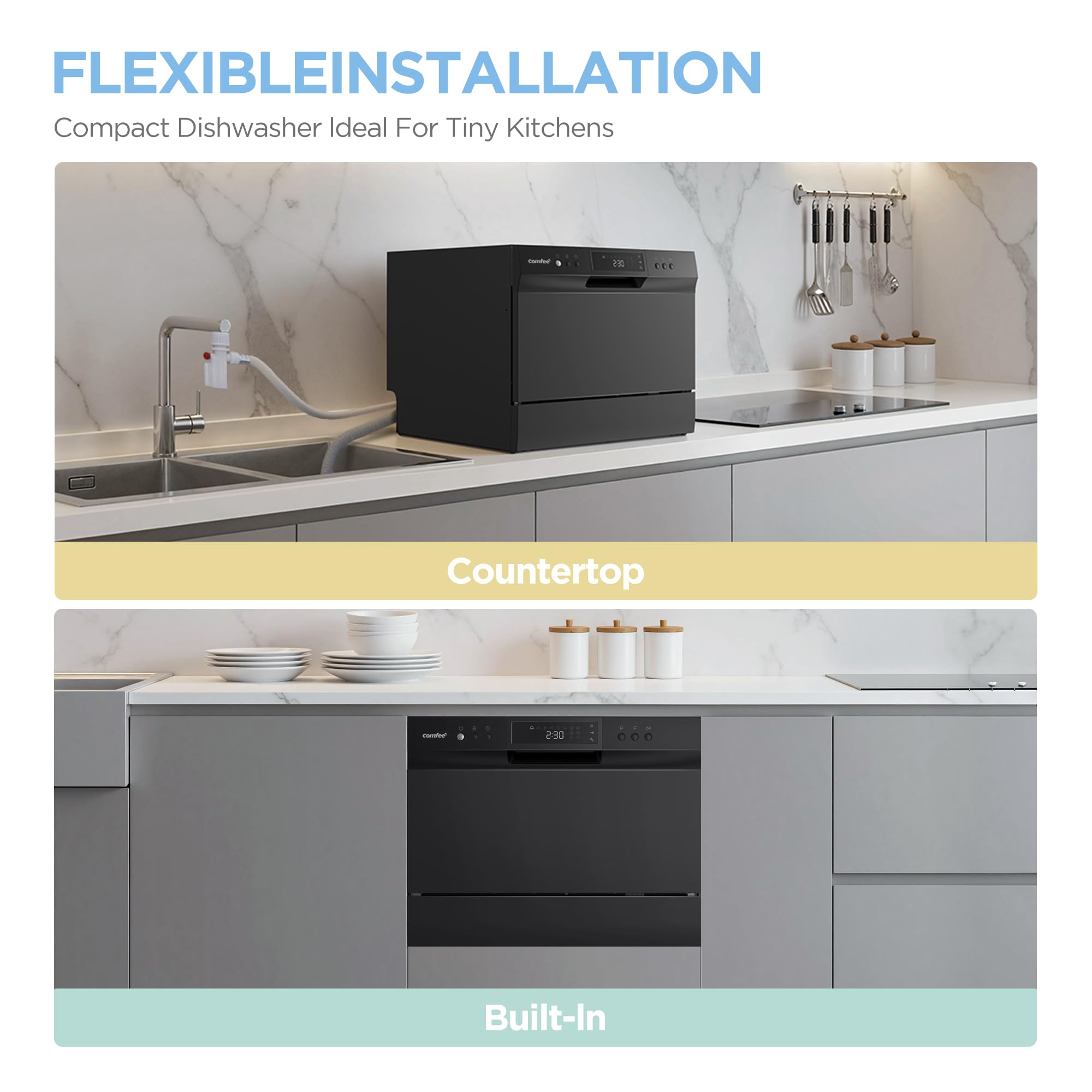 COMFEE’ Countertop Dishwasher, Energy Star Portable Dishwasher, 6 Place Settings & 8 Washing Programs, Speed, Baby-Care, ECO& Glass, Dish Washer for Dorm, RV& Apartment, Black