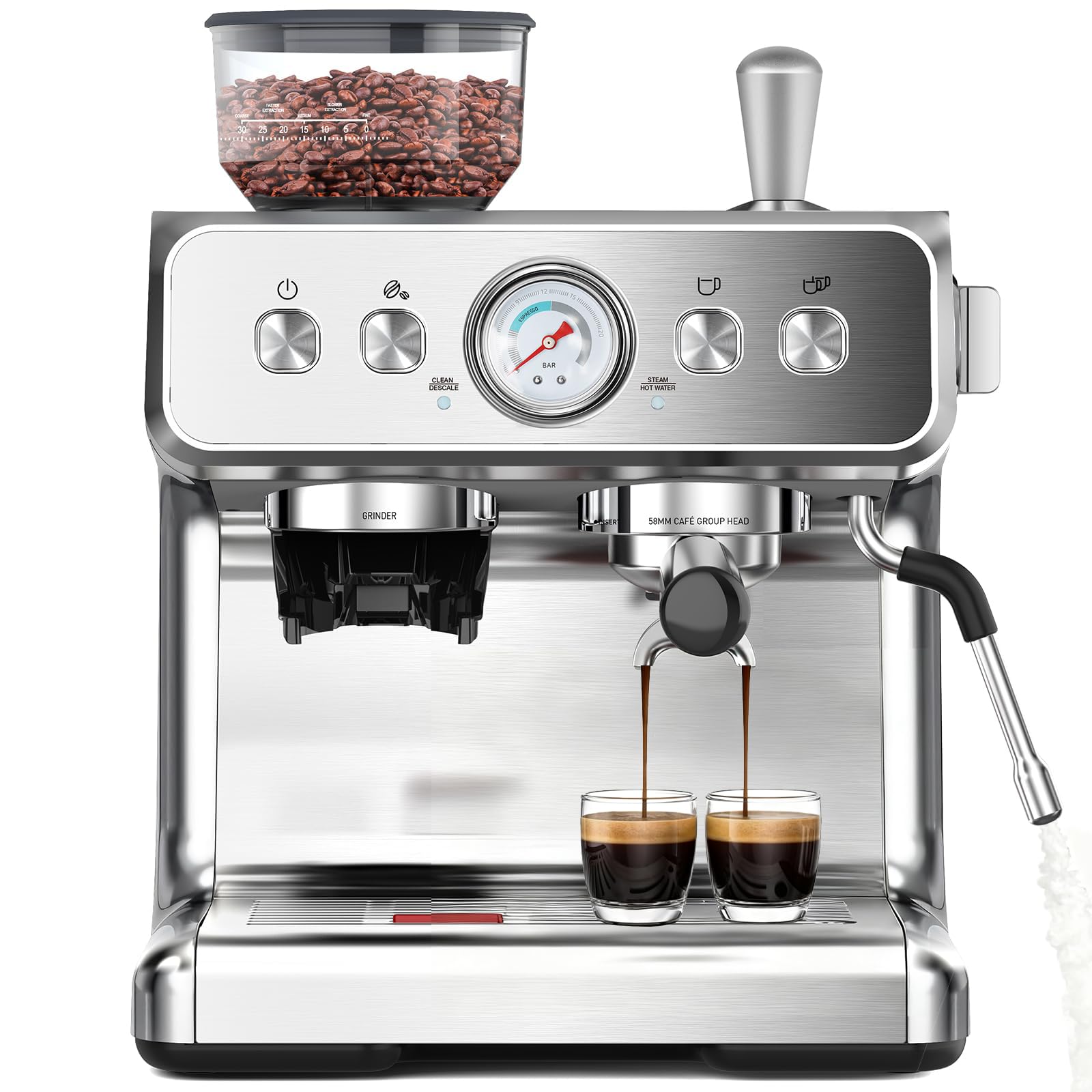 COWSAR 20 Bar Espresso Machine with Grinder & Milk Frother Steam Wand, 58mm Expresso Coffee machines, Commercial Stainless Steel Coffee Maker for Cappuccino and Latte, Perfect for Home Café-Pro