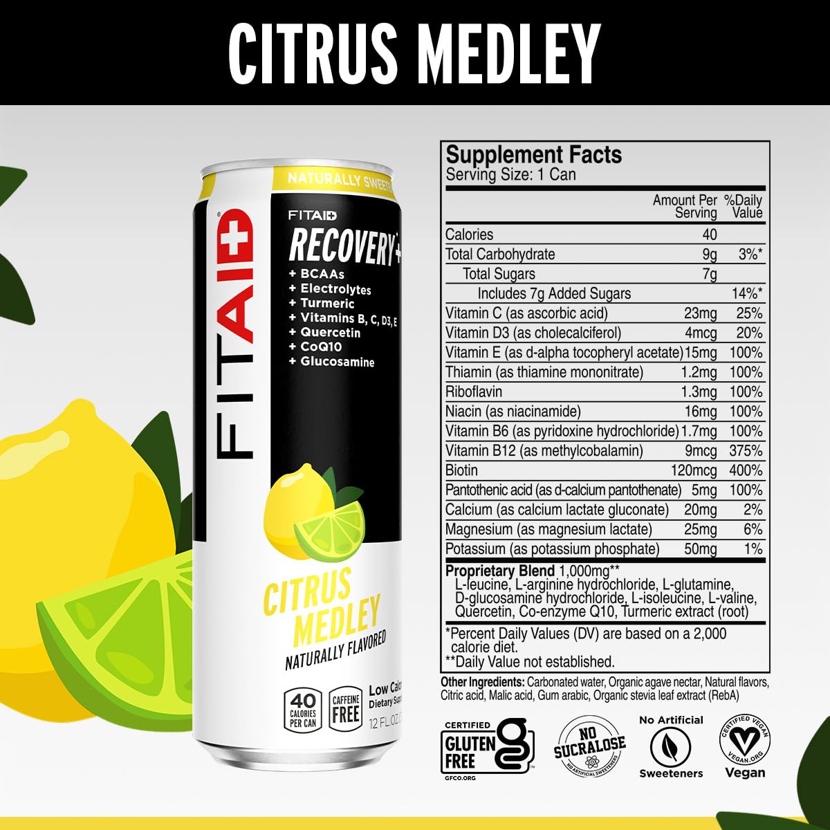 FITAID Recovery Blend, BCAAs, 100% Clean, Paleo, B-Complex, Citrus Medley, No Sucralose, 12-oz. cans (Pack of 12)