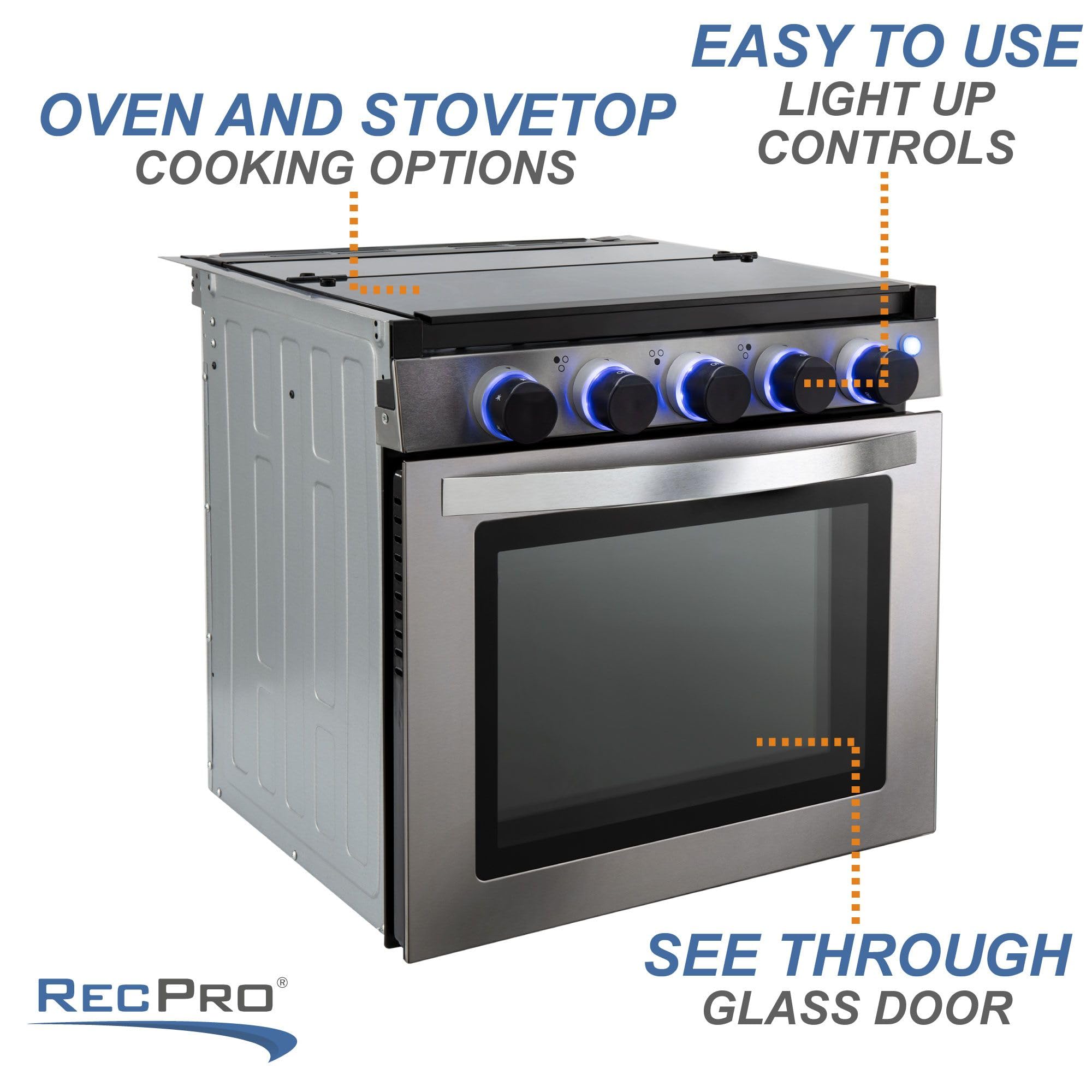 RecPro RV Stove | Gas Range 21" Tall | Optional Vented Range Hood | 3 Burner | 1.8 Cu. Ft | 7100 BTU | Black or Silver Color Options (Silver, No Vented Range Hood)