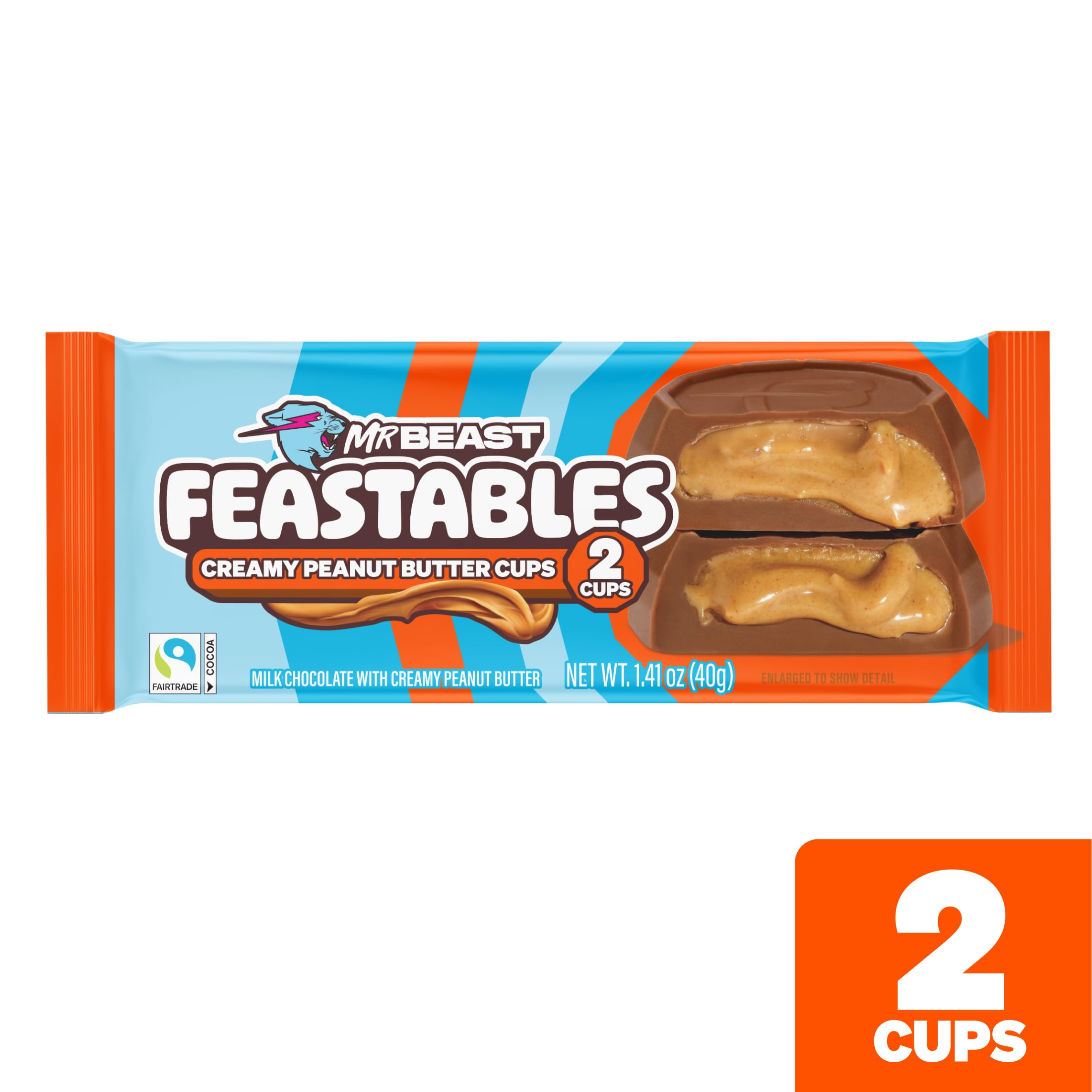 Feastables MrBeast Peanut Butter Jack-O-Lantern, Milk Chocolate & Creamy Peanut Butter Filling, Cups for Adults & Kids, Chocolate Candy for Halloween Snacks, Made With Fairtrade Cocoa, 30 Count