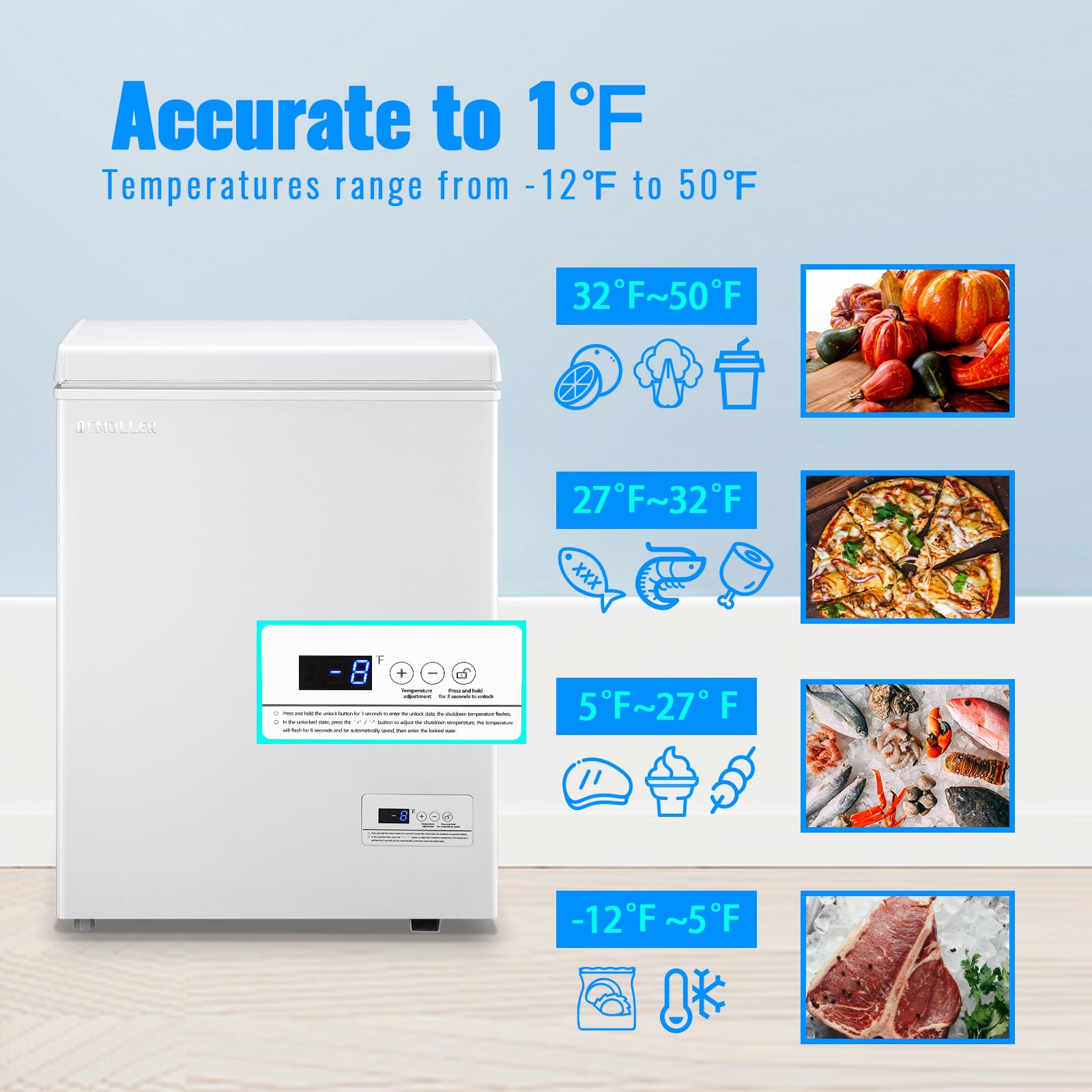Mini Chest Freezer Compact Deep Freezing Machine with Electronic Temperature Control (Accurate to 1 ℉) Freestanding Small Freezer with 2 Removable Storage Baskets Black