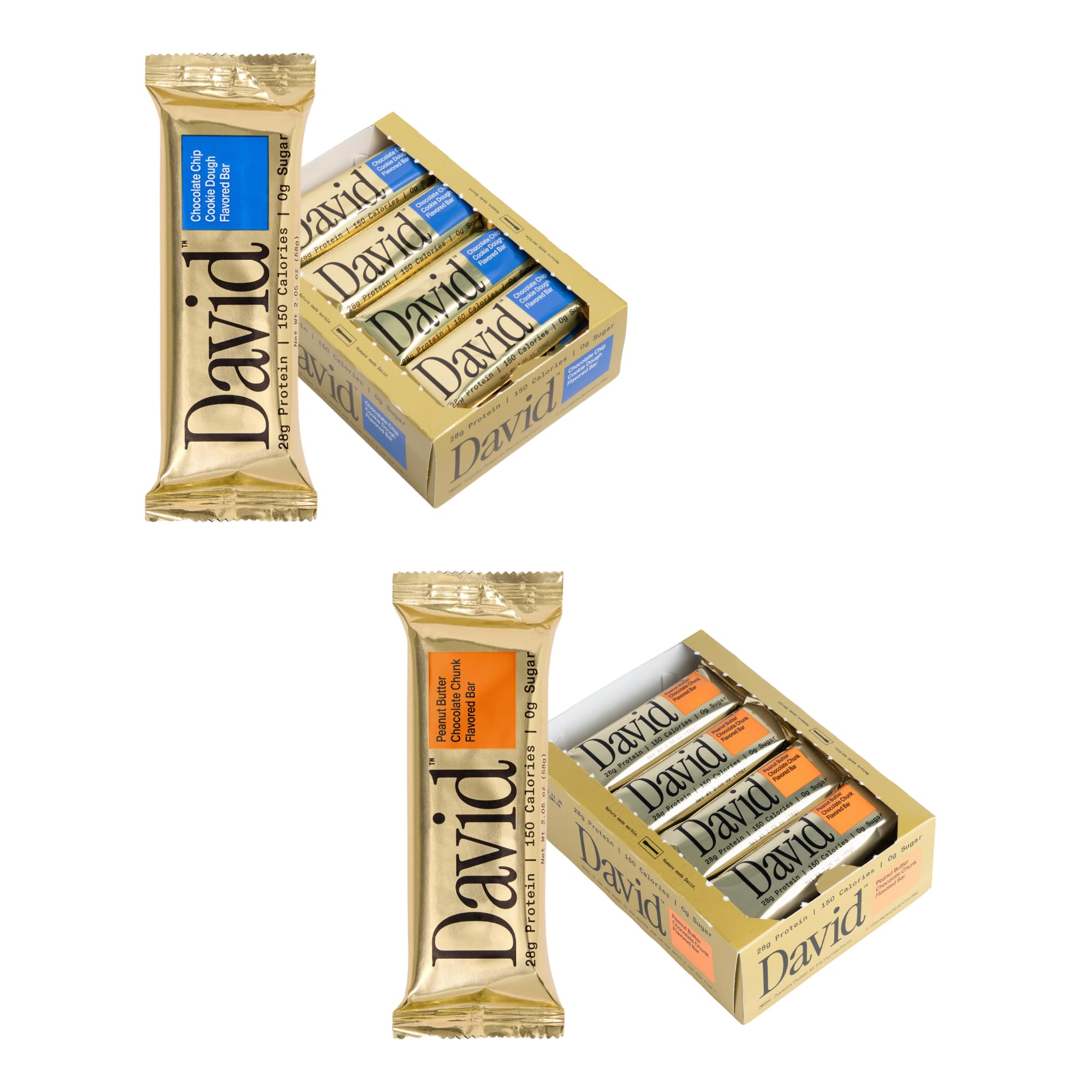 David High Protein Bars No Sugar - Sugar Free Protein Bars, Low Carb, Gluten Free - 28g of Protein, 150 Calories - David Bar On-The-Go Snack - Peanut Butter Chocolate Chunk Flavor, Pack of 12