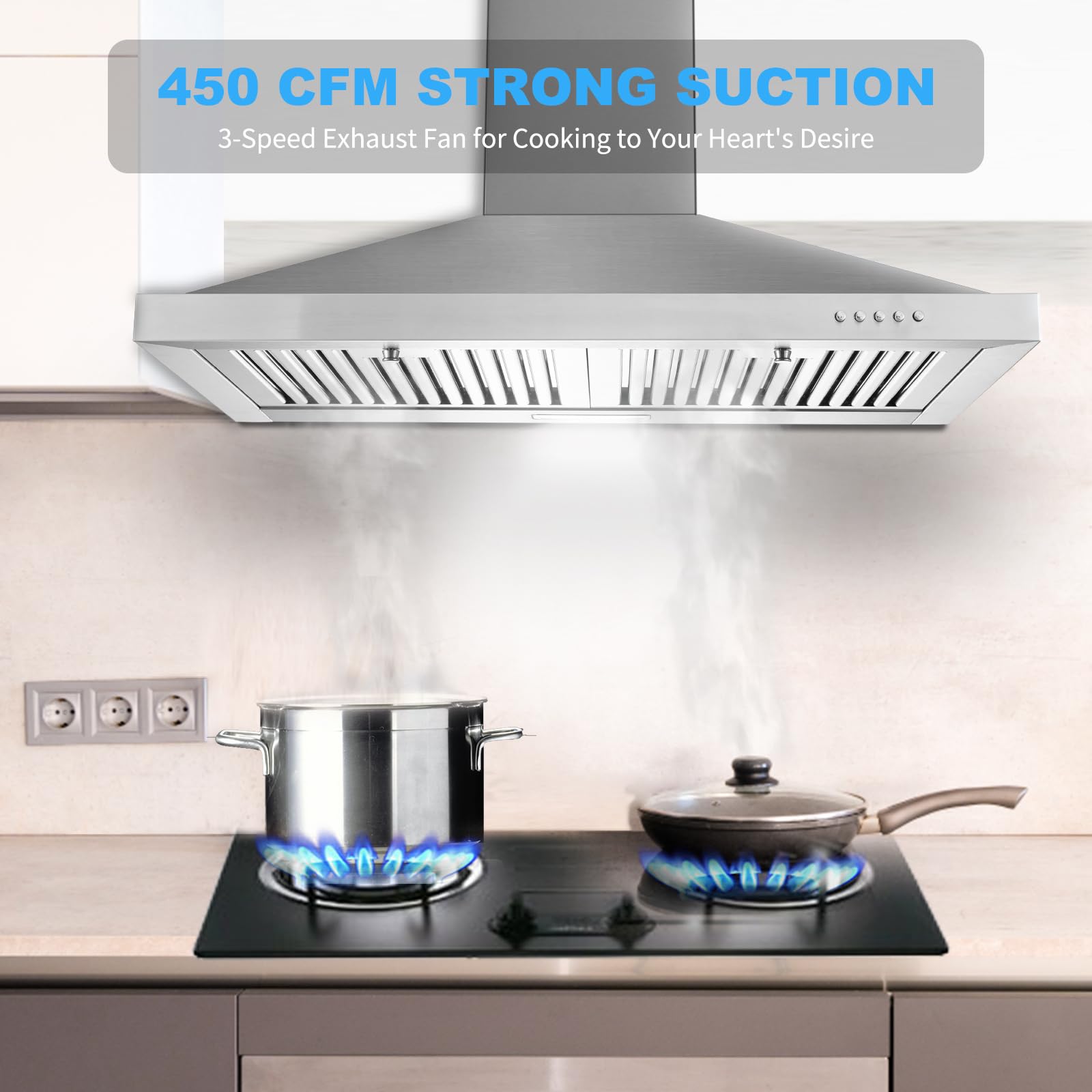 Tieasy Wall Mount Range Hood 30 inch with Ducted/Ductless Convertible Duct, Stainless Steel Chimney-Style Over Stove Vent Hood with LED Light, 3 Speed Exhaust Fan, 450 CFM