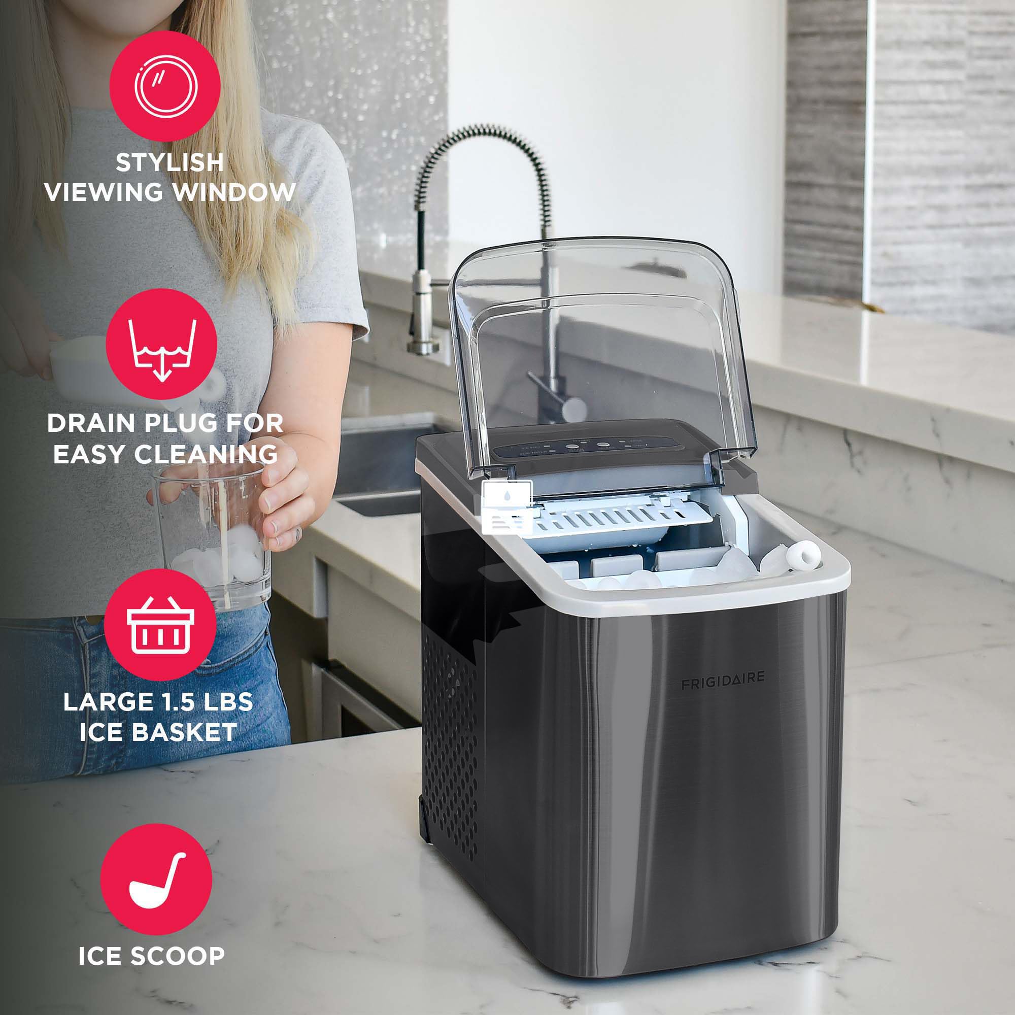 Frigidaire 26 Lbs per Day Portable Compact Maker, Ice Making Machine, Stainless, Medium