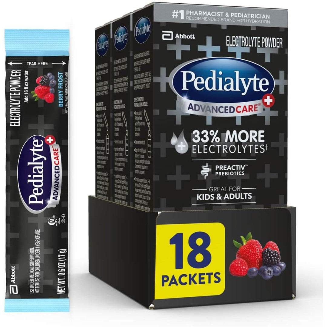 Pedialyte AdvancedCare Plus Electrolyte Powder, Has 33% More Electrolytes and PreActiv Prebiotics, Berry Frost, 18 Powder Packets