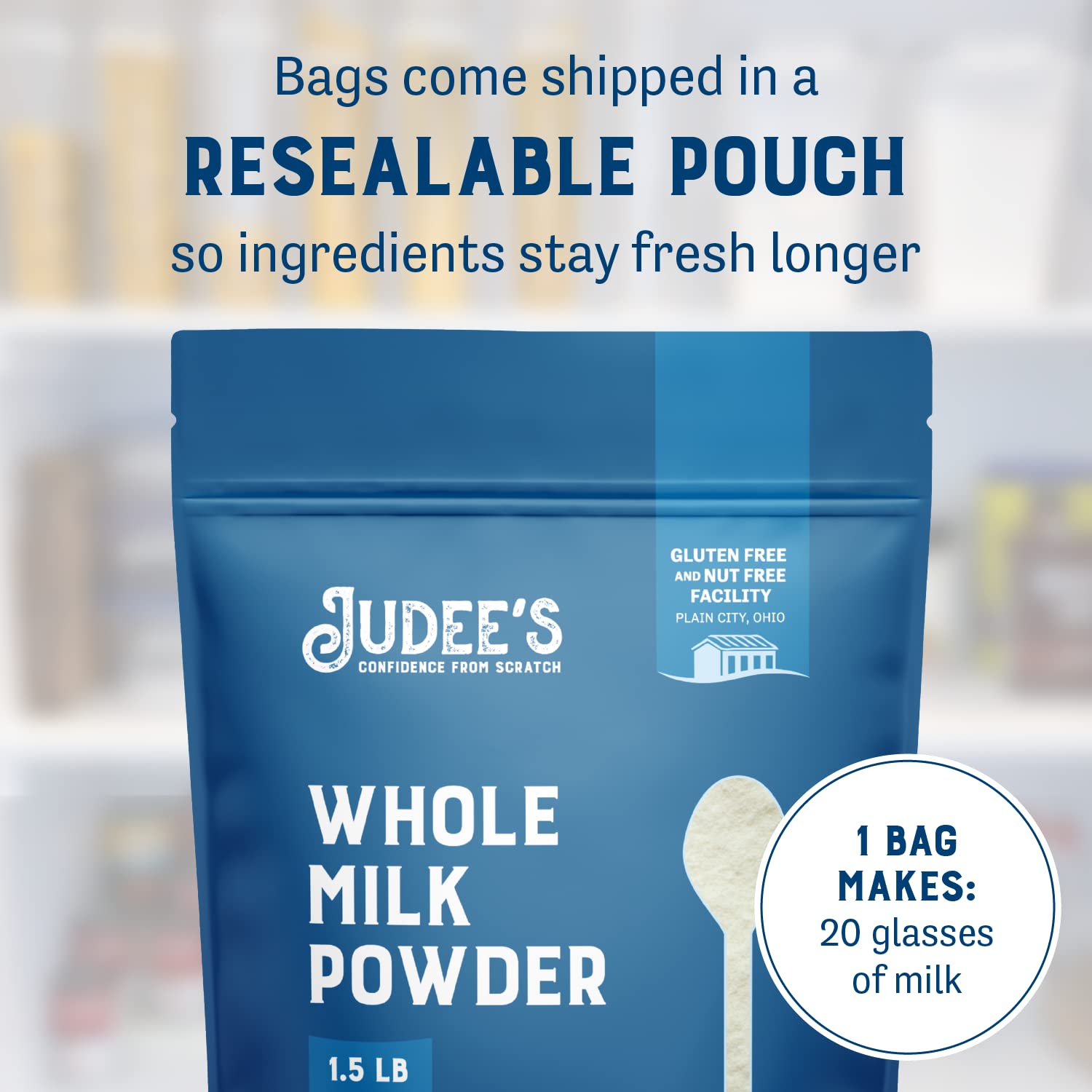 Judee's Gluten Free Whole Milk Powder - Versatile Powdered Milk for Baking - Shelf Stable Dry Mix for Long-Term Storage - 40 oz, Pack of 1