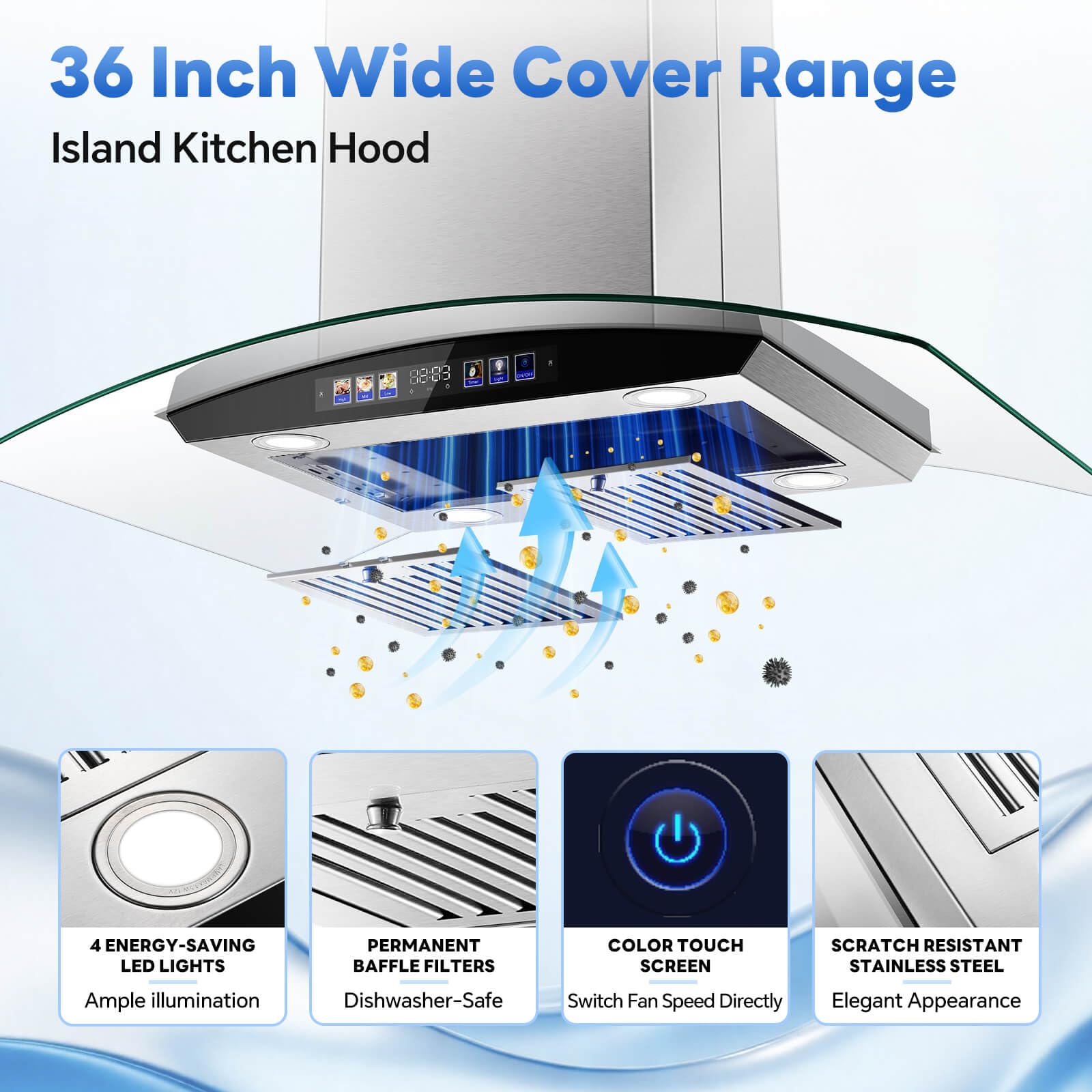 JOEAONZ Island Range Hood 30 Inch 700 CFM Gesture & Touch Control Ceiling Mount Stainless Steel Kitchen Vent Hood, Kitchen Exhaust Hood, Ducted/Ductless Convertible 3-speed Ventilation Fan Switchable