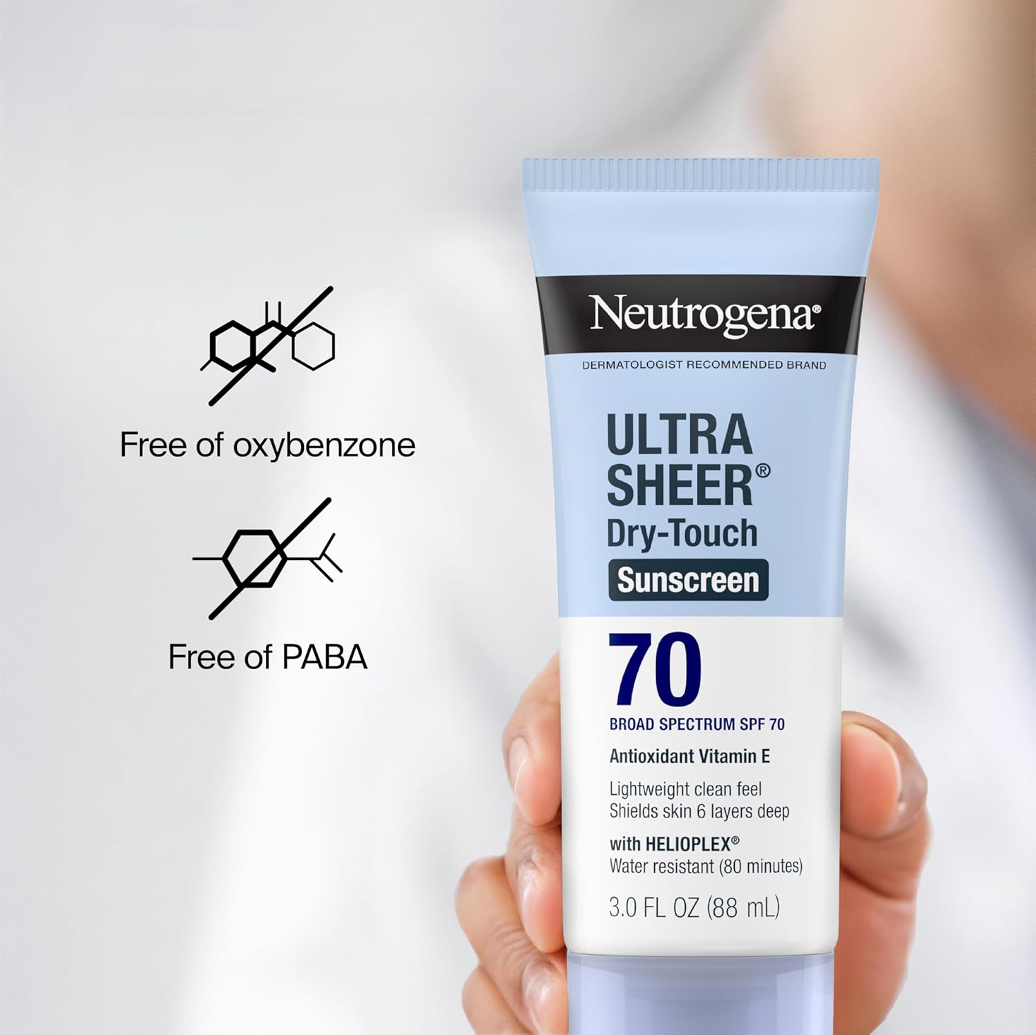 Neutrogena Ultra Sheer Dry-Touch Sunscreen Lotion, Broad Spectrum SPF 55 UVA/UVB Protection, Oxybenzone-Free, Light, Water Resistant, Non-Comedogenic & Non-Greasy, Travel Size, 3 fl. oz