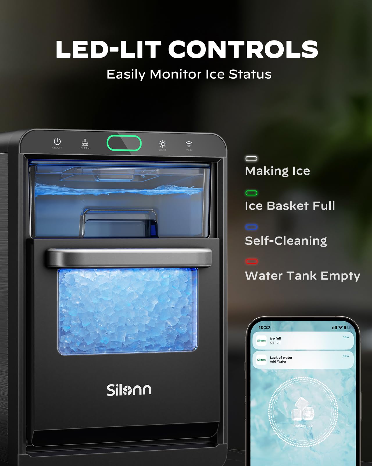 Silonn Ice Maker Countertop, Portable Ice Machine with Carry Handle, Self-Cleaning Ice Makers with Basket and Scoop, 9 Cubes in 6 Mins, 26 lbs per Day, Ideal for Home, Kitchen, Camping, RV