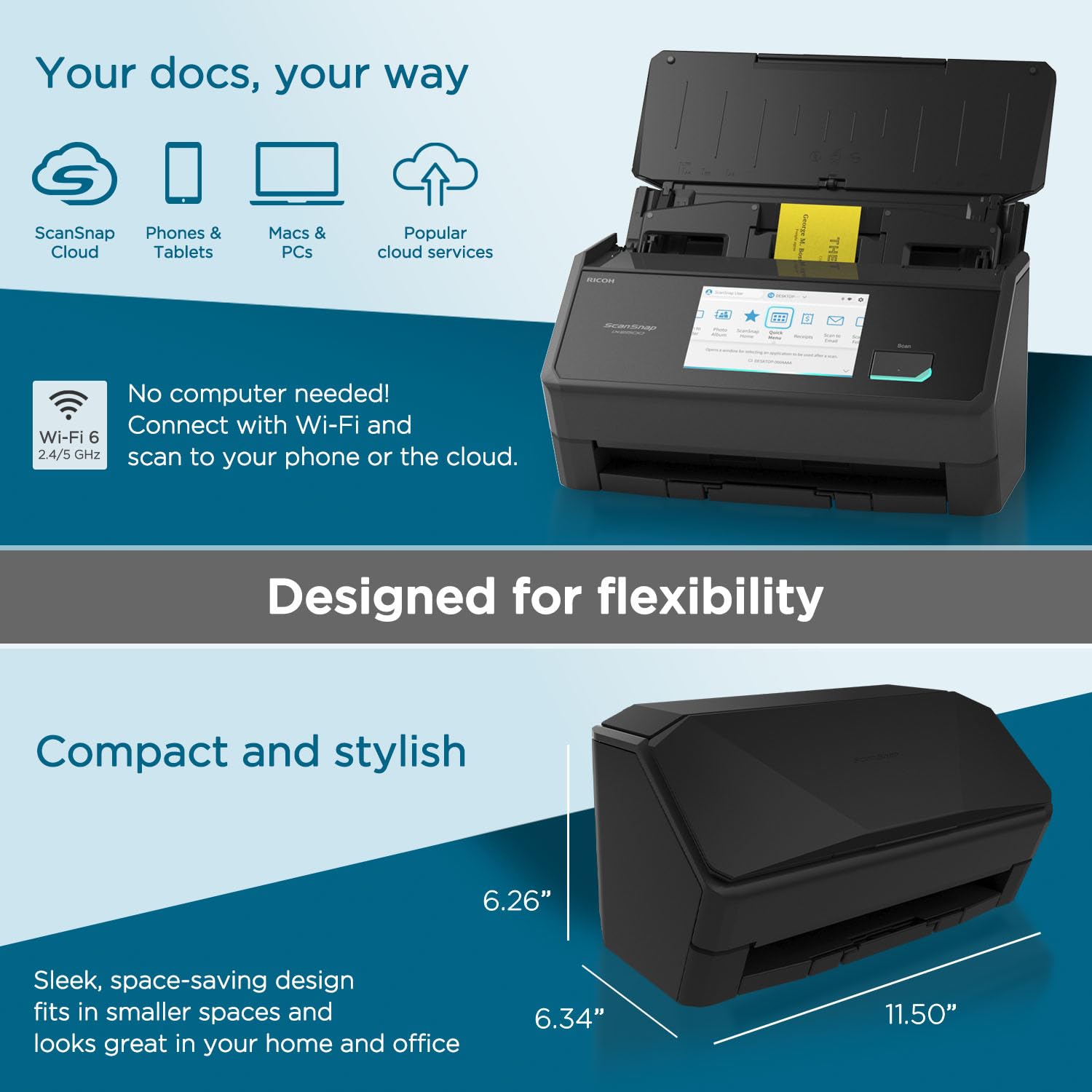 ScanSnap iX2500 Wireless or USB High-Speed Cloud Enabled Document, Photo & Receipt Scanner with Large 5" Touchscreen and 100 Page Auto Document Feeder for Mac or PC, Black