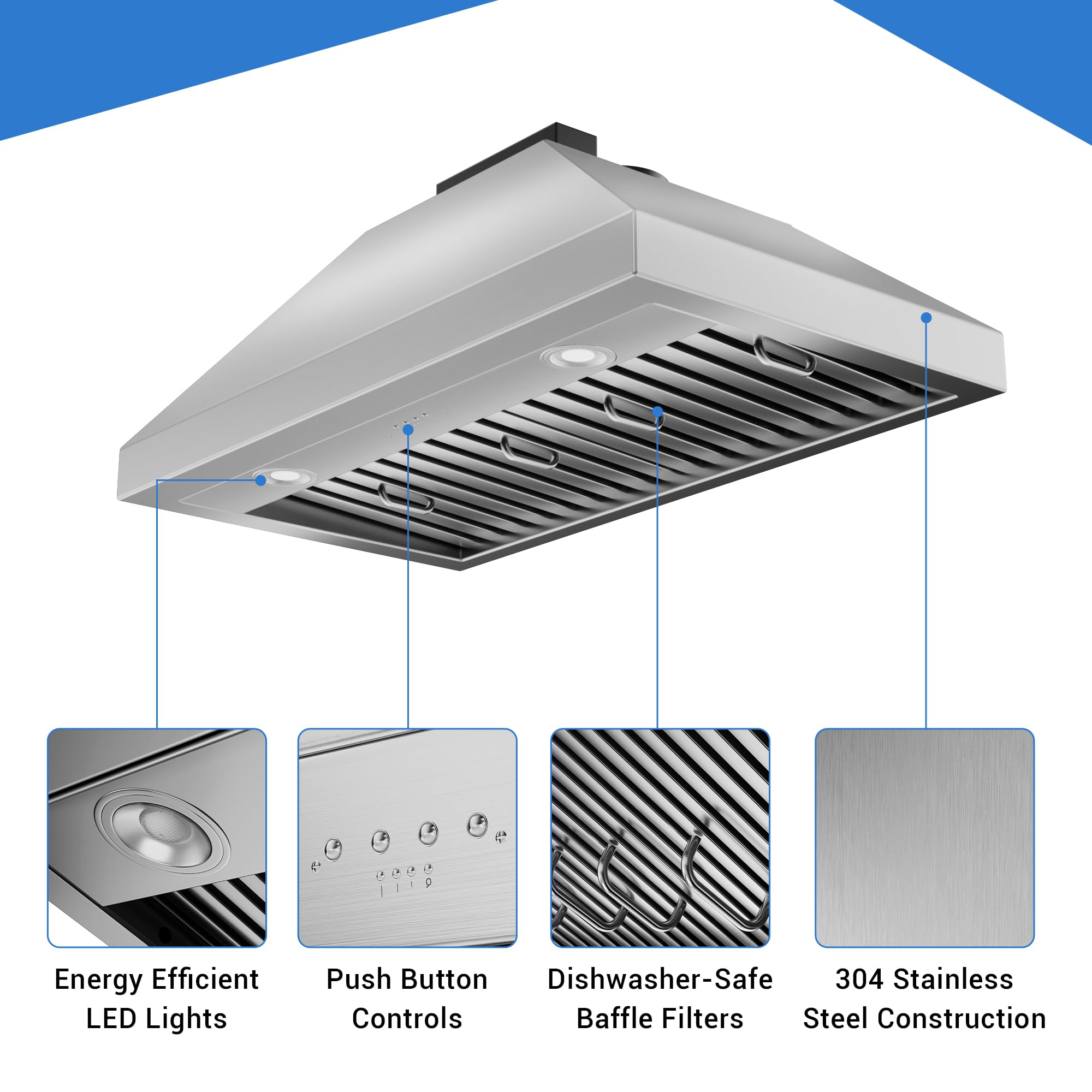 CT Copper Tailor Built-in Range Hood Insert Vent 48 Inch, 1150 CFM with 4-Speed Fan, LED Light, Dishwasher-safe Baffle Filter,Stainless Steel
