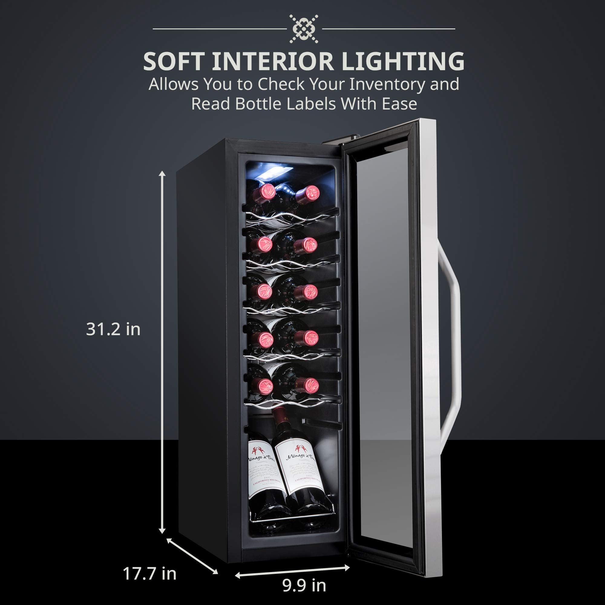 Ivation 12 Bottle Compressor Wine Cooler Refrigerator w/Lock, Large Freestanding Wine Cellar Fridge, 41f-64f Digital Temperature Control Glass Door Black