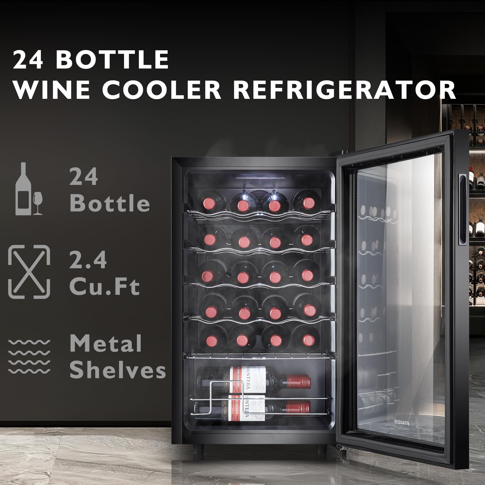 STAIGIS 24 Bottle Mini Fridge, Small Freestanding Wine Cooler Refrigerator for Red and White with 40-66F Digital Temperature Control Glass Door