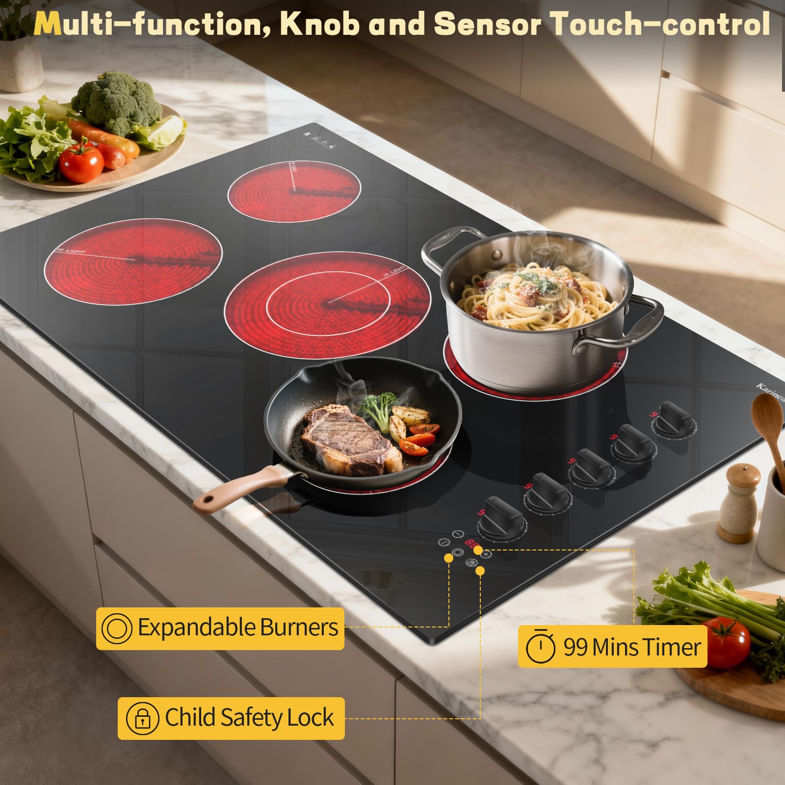 Karinear 30 Inch Electric Cooktop 4 Burners, Knob Control Built-in Ceramic Cooktop, 30" Radiant Electric Stove Top with Glass Protection Metal Frame,Fits Most Existing Cutouts, 220-240v, Hard Wire