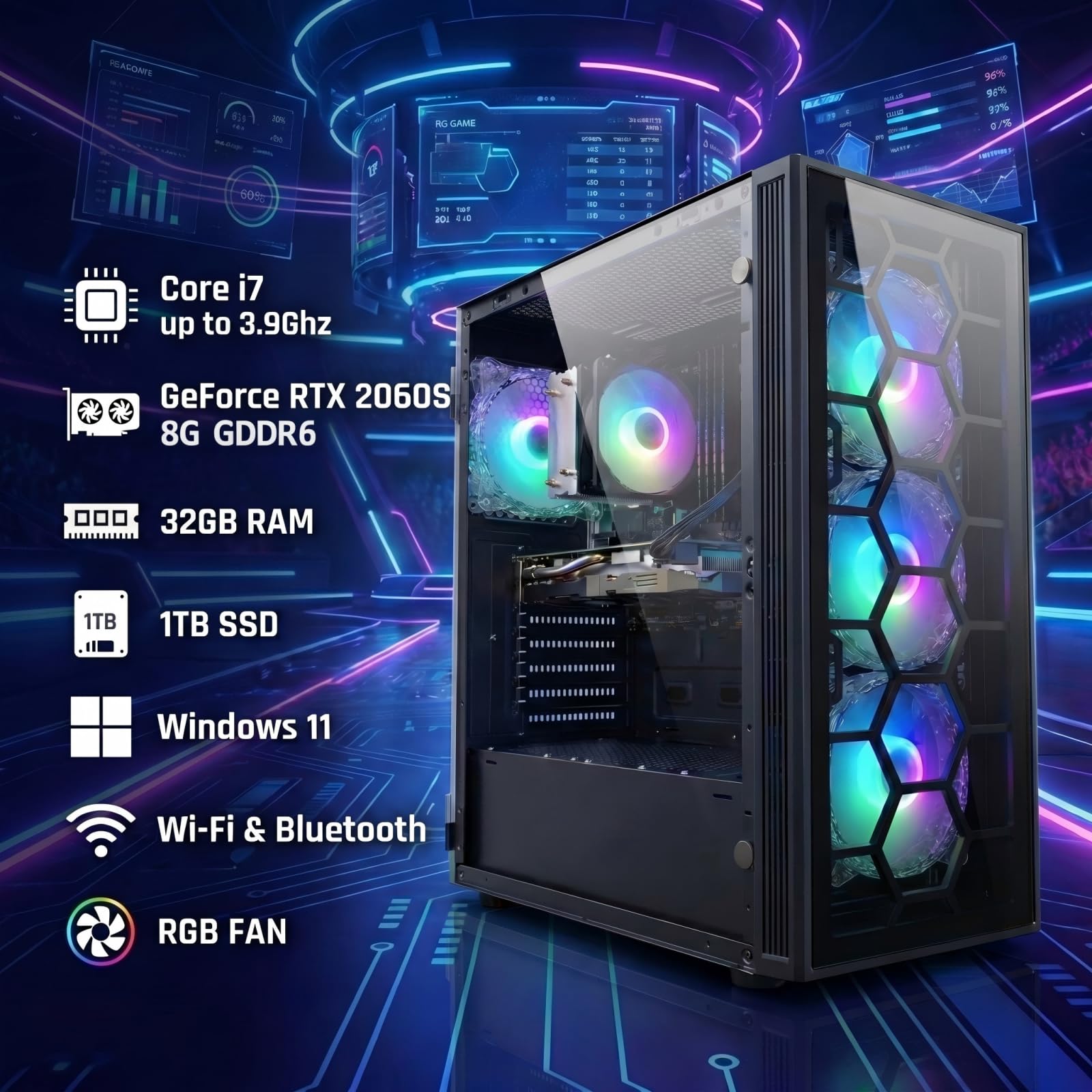 STGAubron Gaming PC Desktop Computer, Intel Core i7 up to 3.9GHz, Radeon RX 580 8G, 16G RAM, 512G SSD, WiFi 6, BT 5.0, RGB Fan x4, Windows 11 Home