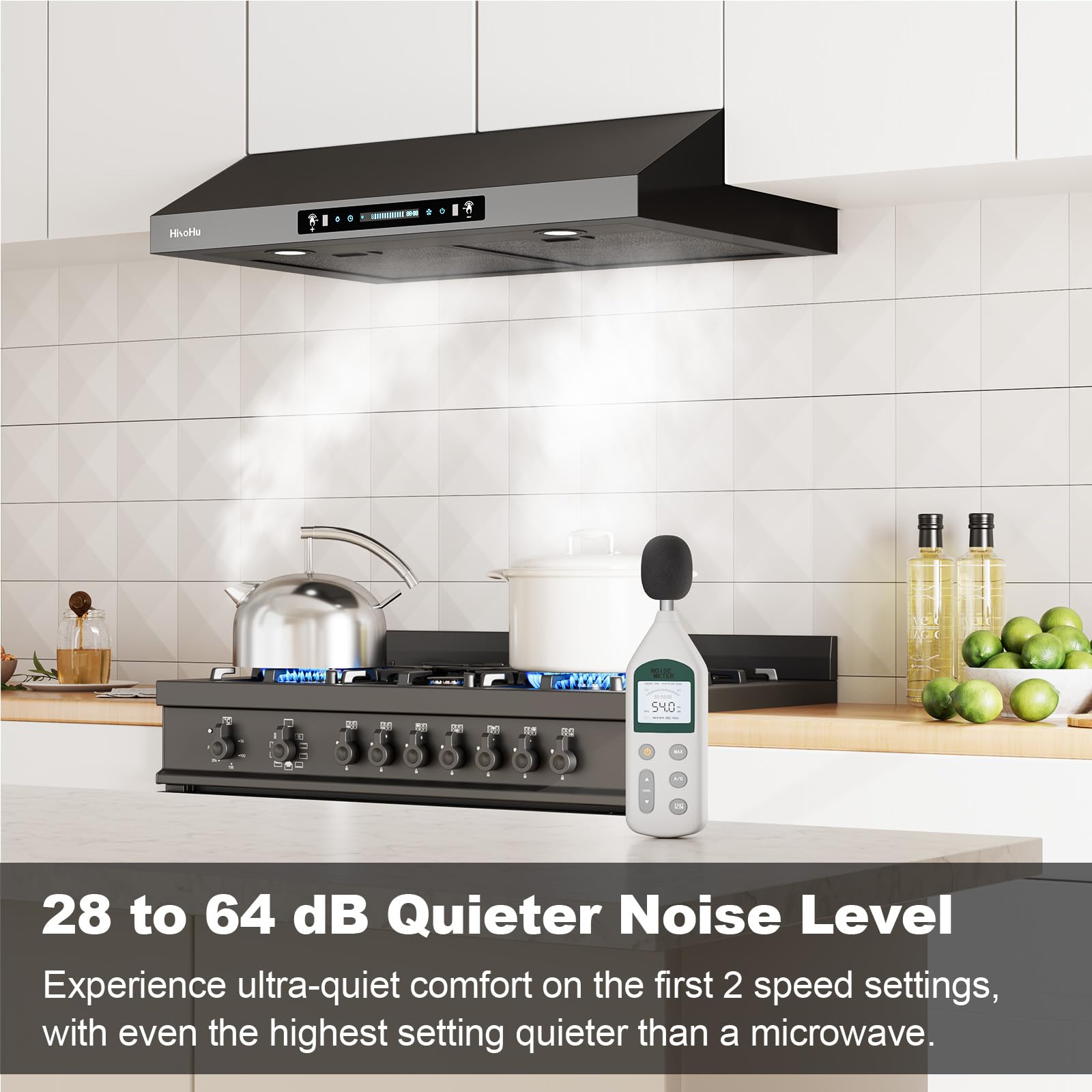 HisoHu 30 Inch Under Ducted Cabinet Range Hood with 1200 CFM, 4 Speed Gesture Sensing Kitchen Exhaust Hood & Touch Control Panel, Stainless Steel Stove Vent Hood with 2 LED Lights