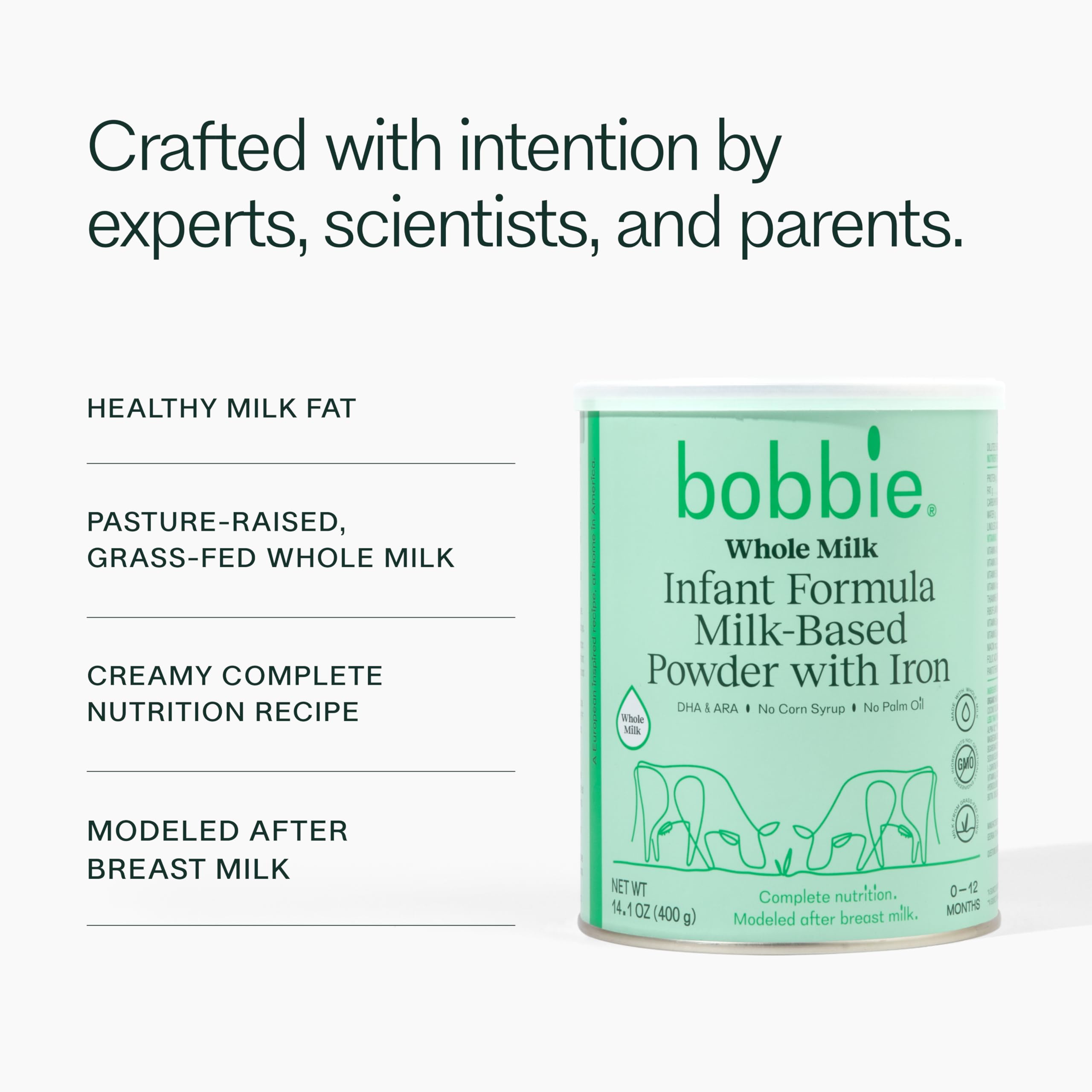 Bobbie Whole Milk, Grass Fed Baby Formula with Iron, Plant Based DHA and ARA, Vitamin D and Protein Blend Modeled After Breast Milk, For Newborn Baby to 12 Month Old, 14.1 oz