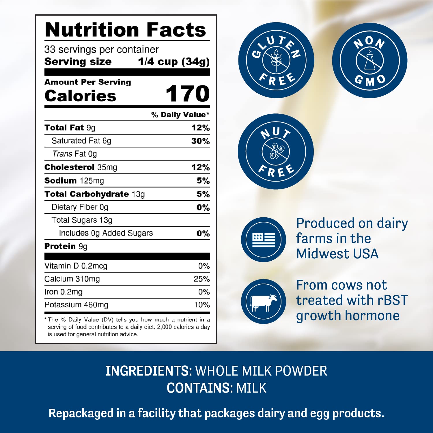 Judee's Gluten Free Whole Milk Powder - Versatile Powdered Milk for Baking - Shelf Stable Dry Mix for Long-Term Storage - 40 oz, Pack of 1