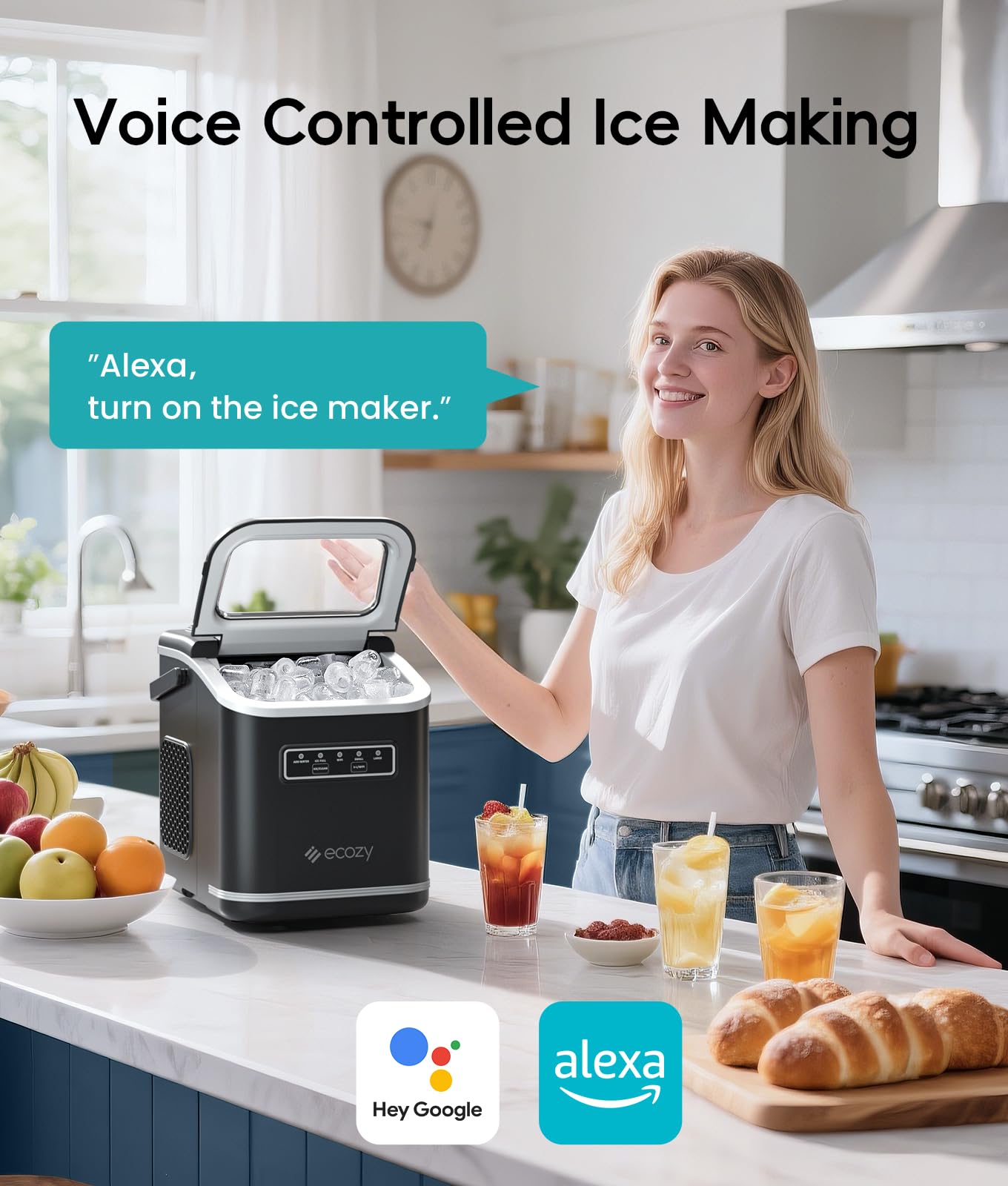 ecozy 2.1" Clear Ice Ball Maker Countertop with CrystalFlux Technology, Minimal Footprint Sphere Ice Maker with 8H Timer, 1 pc in 30 Mins, 48 pcs/Day, Self-Cleaning for Home Bar Whiskey & Bourbon