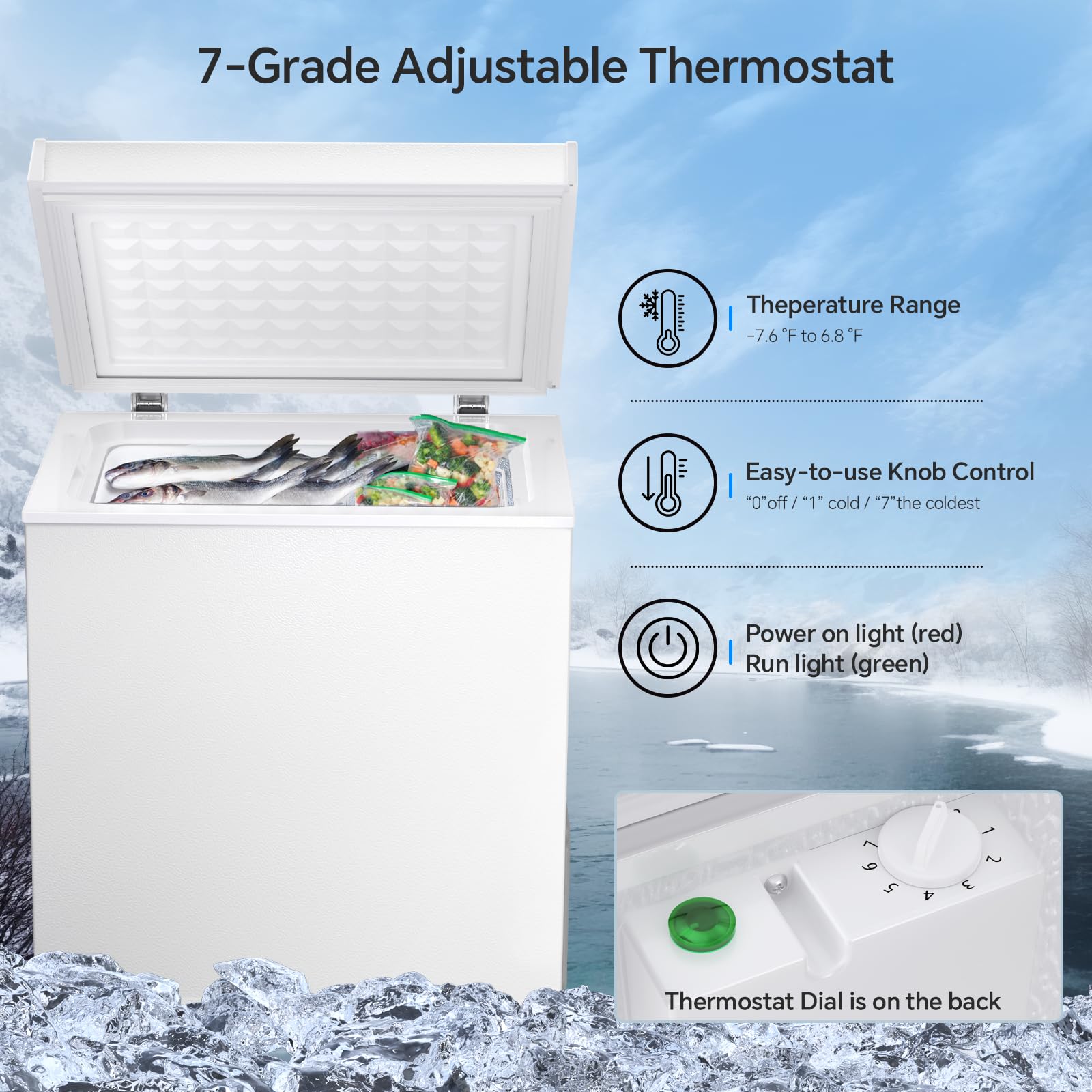 Kismile 2.8 Cubic Feet Chest Freezer with 2 Removable Basket Free Standing Top Open Door Compact Freezer with Adjustable Temperature for Home/Kitchen/Office/Bar