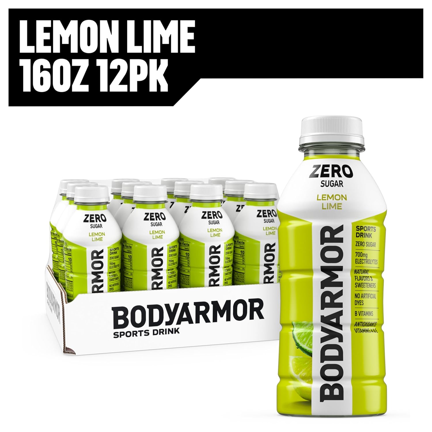 BODYARMOR ZERO Sugar Lemon Lime Electrolyte Drink, Natural Flavors, 16 Fl Oz Bottles (12 Pack), B Vitamins & Antioxidants Sugar Free Hydration