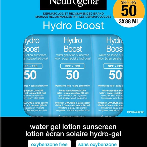 Neutrogena Hydro Boost Water Gel Lotion Sunscreen SPF 50 – 88ml | Broad Spectrum UVA/UVB Protection, Water & Sweat Resistant (80 min), Hydrating & Non-Greasy, Won’t Clog Pores