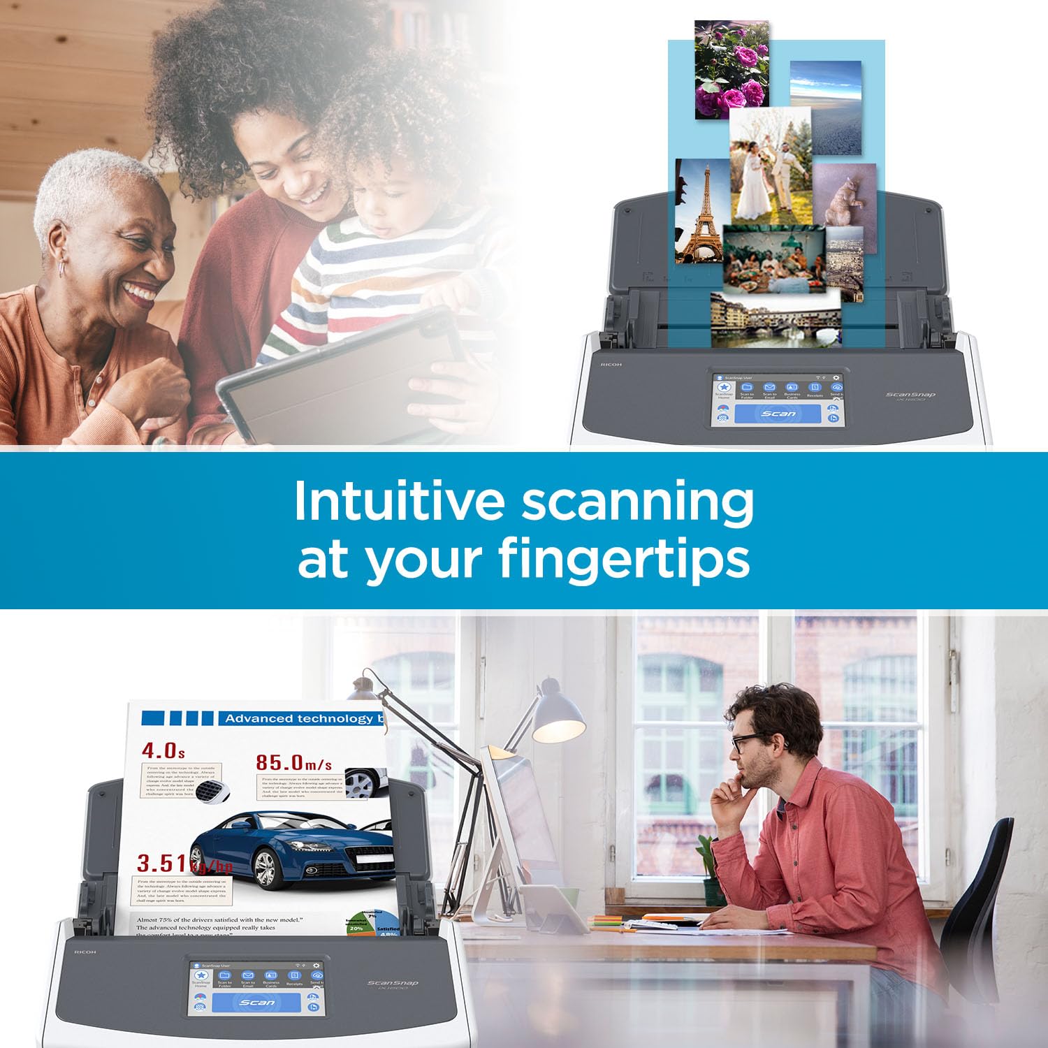 ScanSnap iX2500 Wireless or USB High-Speed Cloud Enabled Document, Photo & Receipt Scanner with Large 5" Touchscreen and 100 Page Auto Document Feeder for Mac or PC, Black