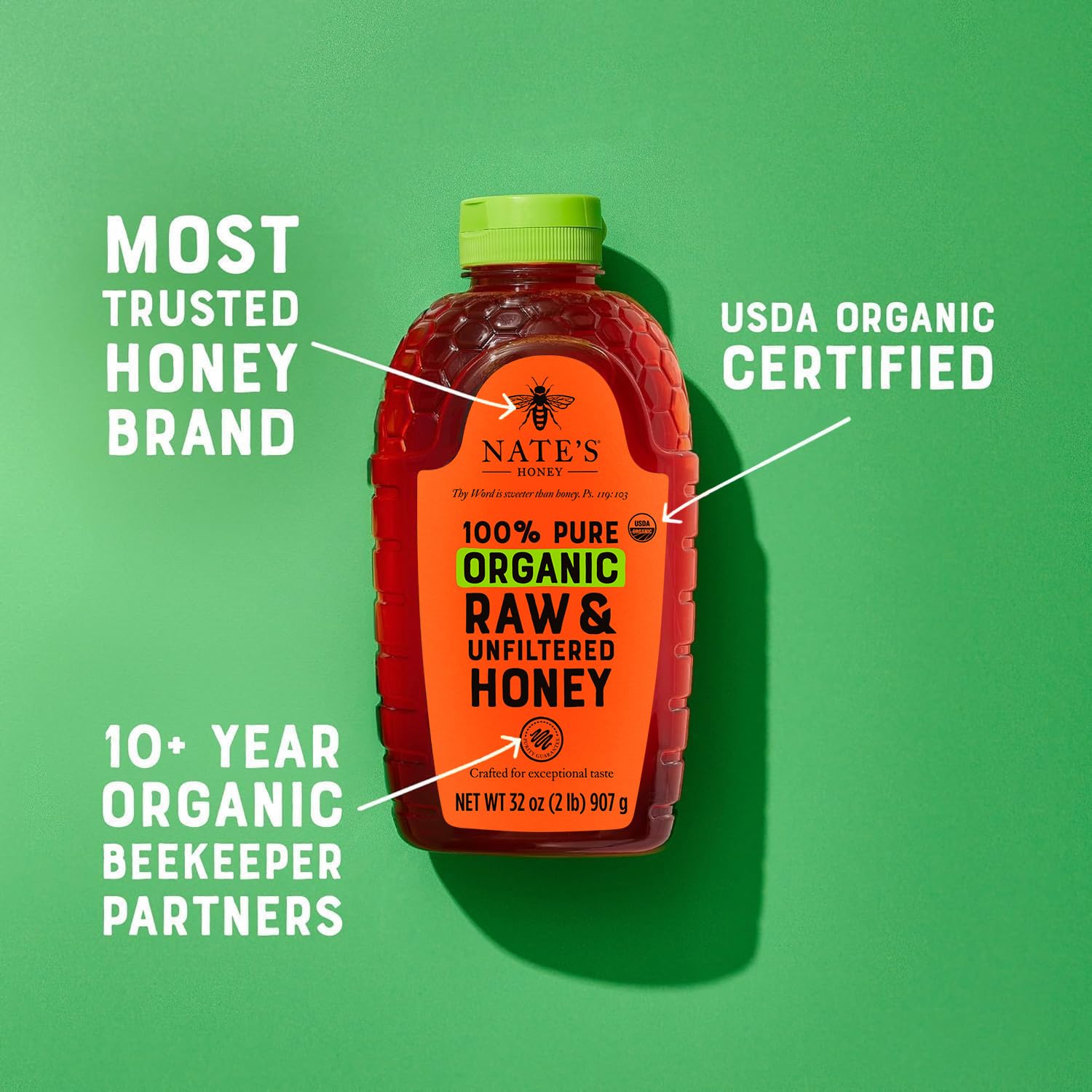 Nate's Organic 100% Pure, Raw & Unfiltered Honey - USDA Certified Organic - 32oz. Squeeze Bottle