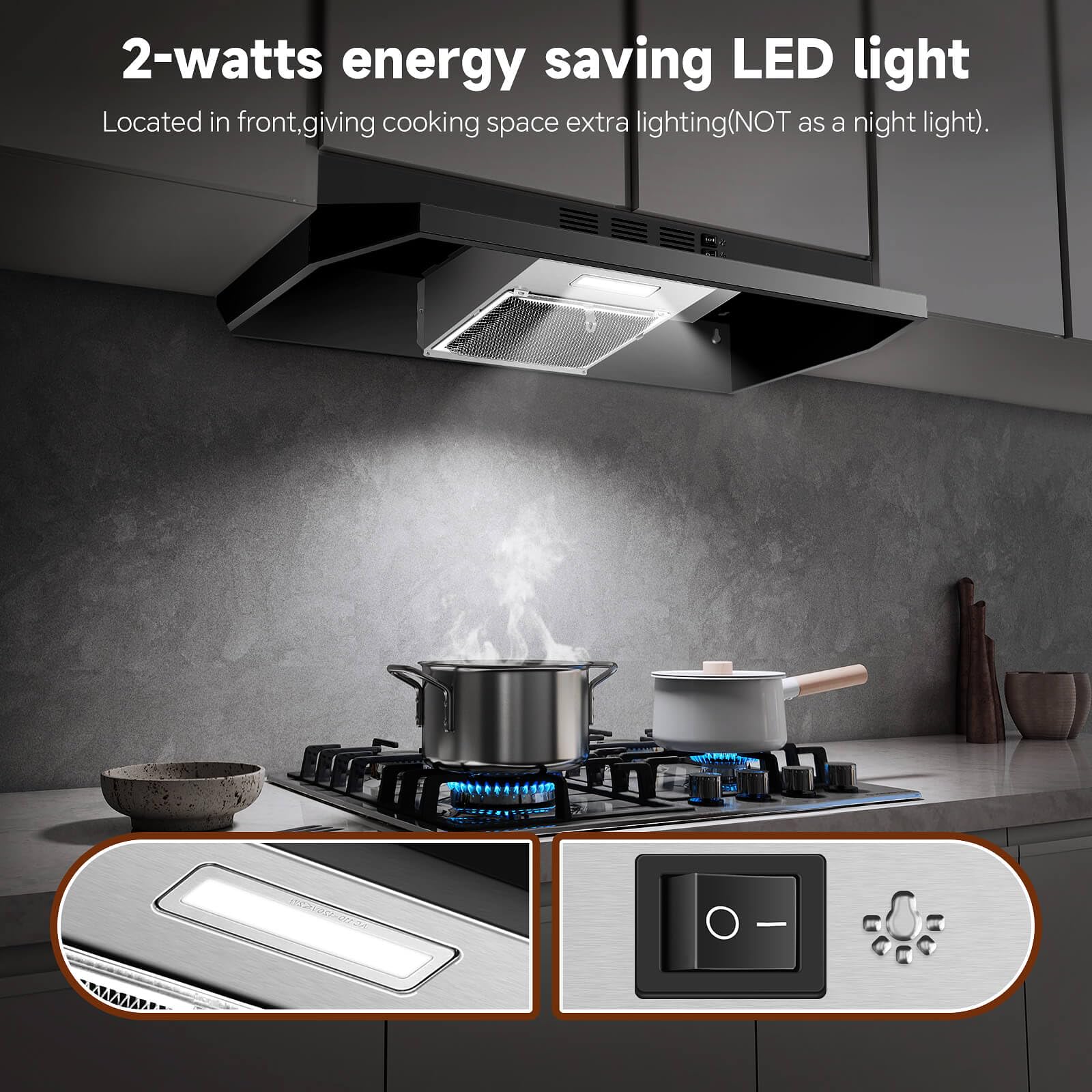 SNDOAS Range Hood 30 inch Under Cabinet, Ducted/Ductless Convertible Kitchen Hood, Stainless Steel Vent Hood with LED Light,Under Cabinet Hood with 2 Speed Exhaust Fan,Black