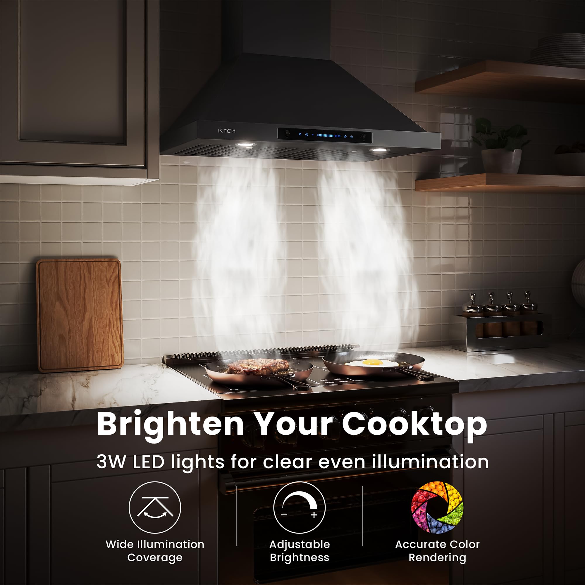 IKTCH 30-inch Wall Mount Range Hood 900 CFM Ducted/Ductless Convertible, Kitchen Chimney Vent Stainless Steel with Gesture Sensing & Touch Control Switch Panel, 2 Pcs Adjustable Lights(IKP02-30'')