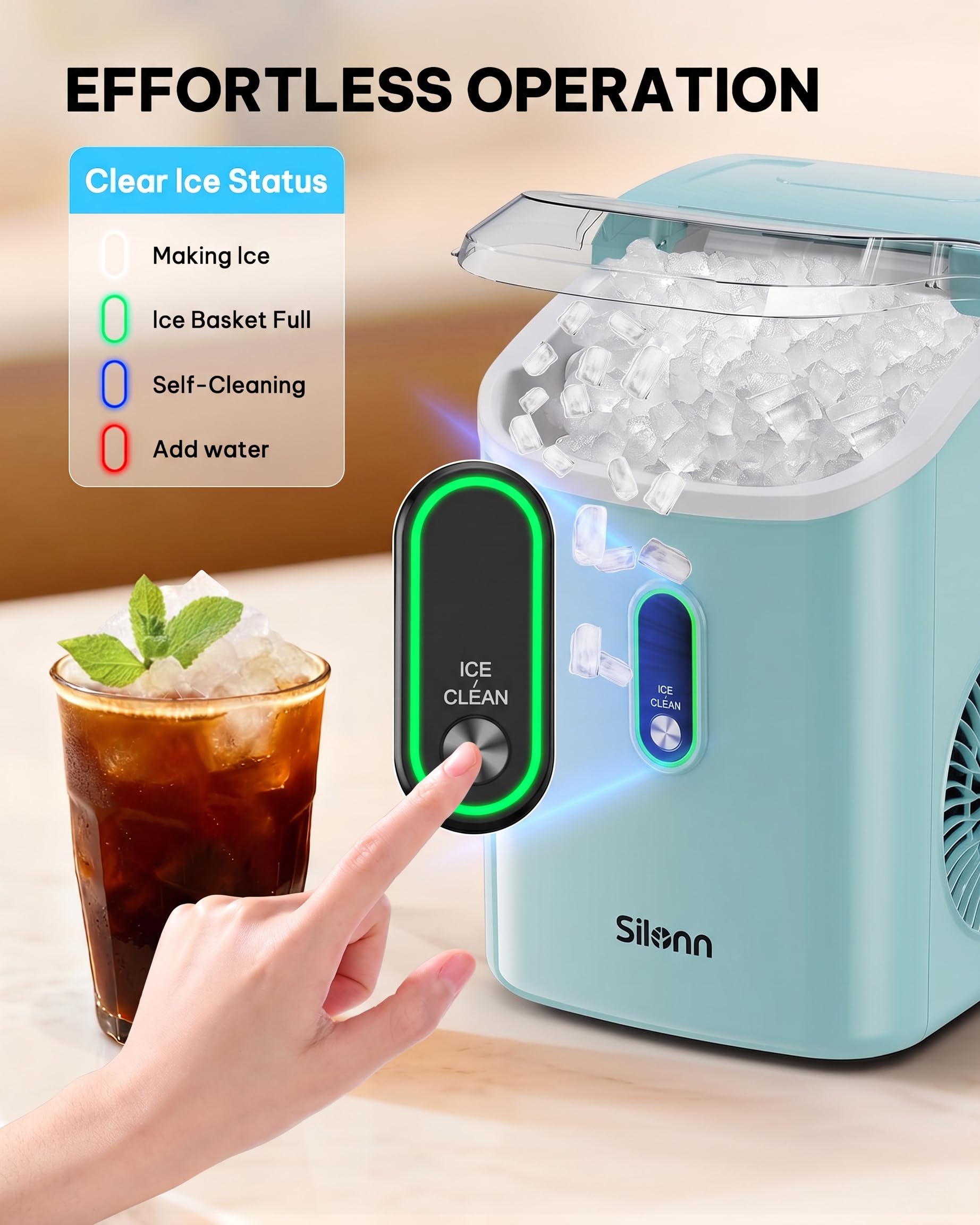 Nugget Ice Maker Countertop, Silonn Chewable Pellet Ice Machine with Self-Cleanin Function, 36lbs/24H Portable Ice Makers for Home Kitchen Officce, Black