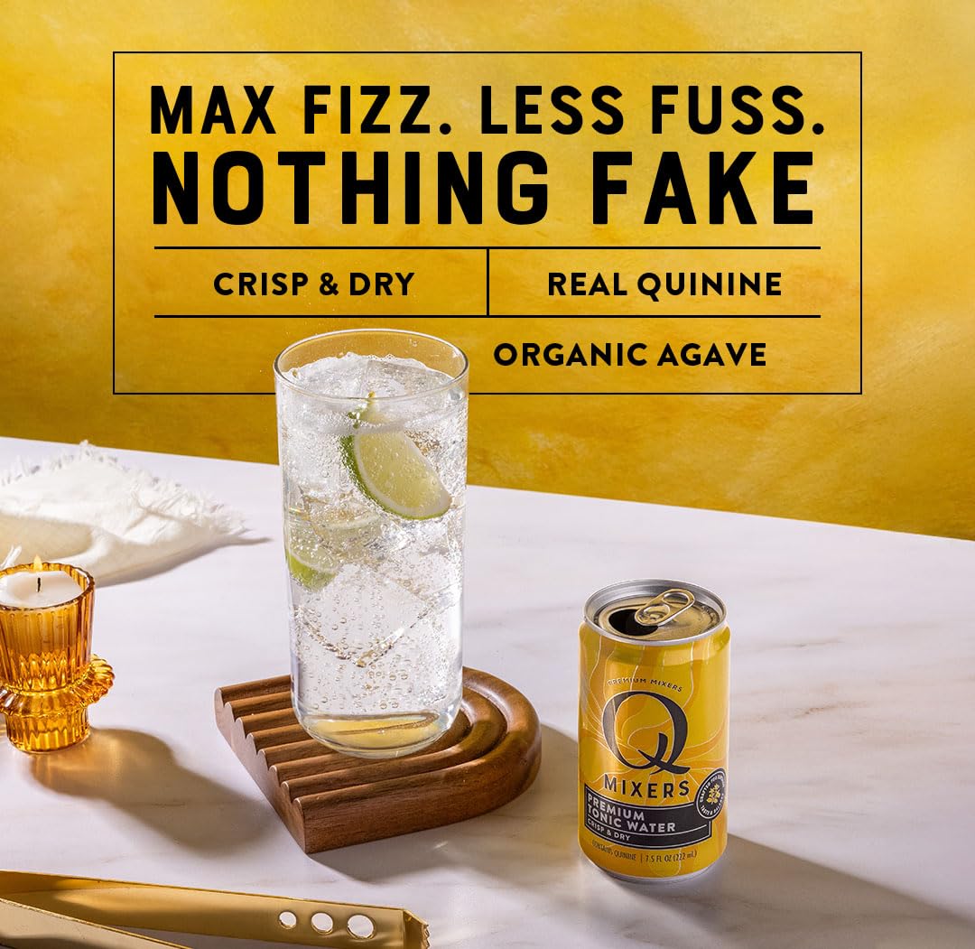 Q TONIC WATER with Real Quinine & Organic Agave - Ideal for Cocktails & Mocktails - Made with Real Ingredients, Perfectly Carbonated & Less Sweet - 45 Calories per Can - 7.5 Fl oz (Pack of 24)