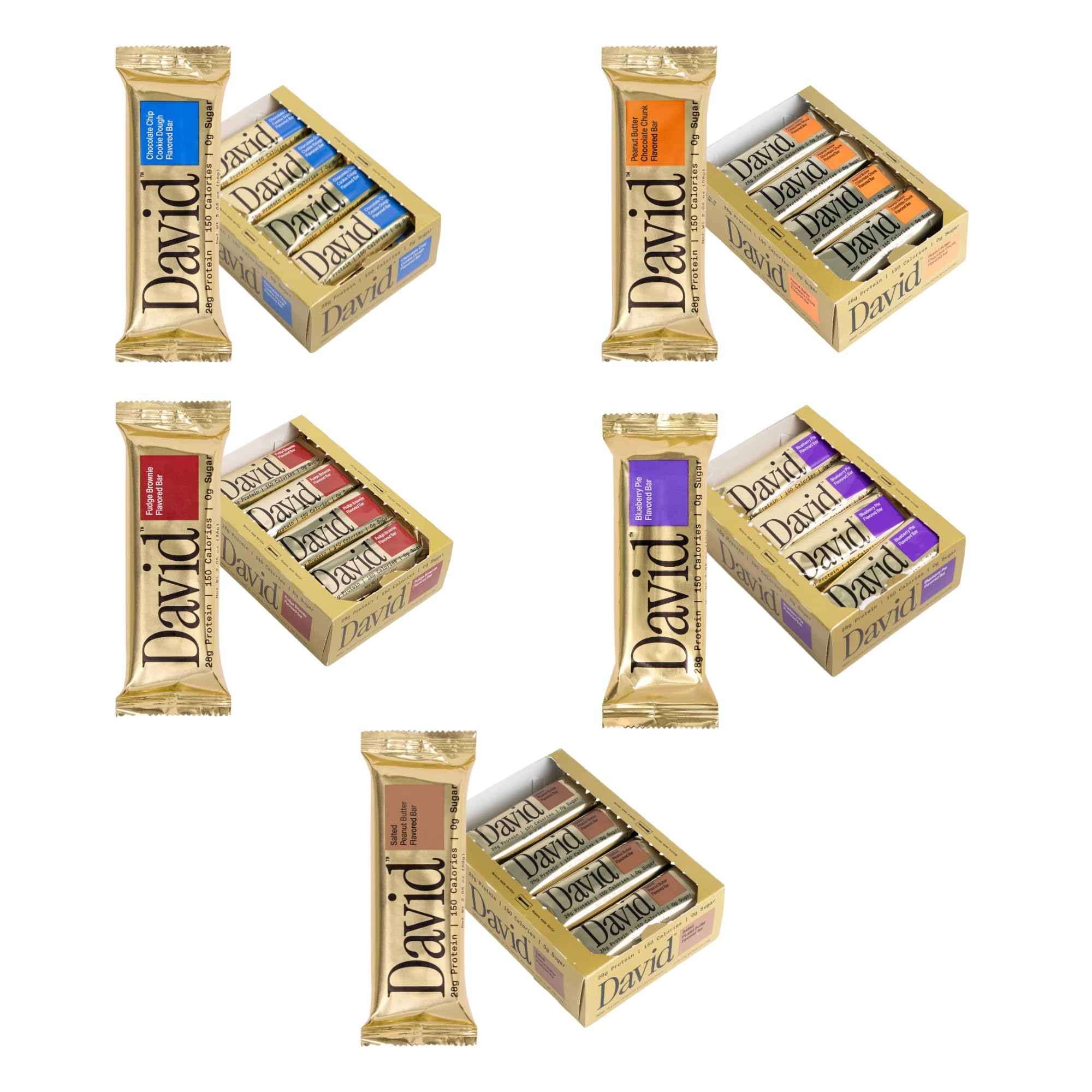 David High Protein Bars No Sugar - Sugar Free Protein Bars, Low Carb, Gluten Free - 28g of Protein, 150 Calories - David Bar On-The-Go Snack - Peanut Butter Chocolate Chunk Flavor, Pack of 12