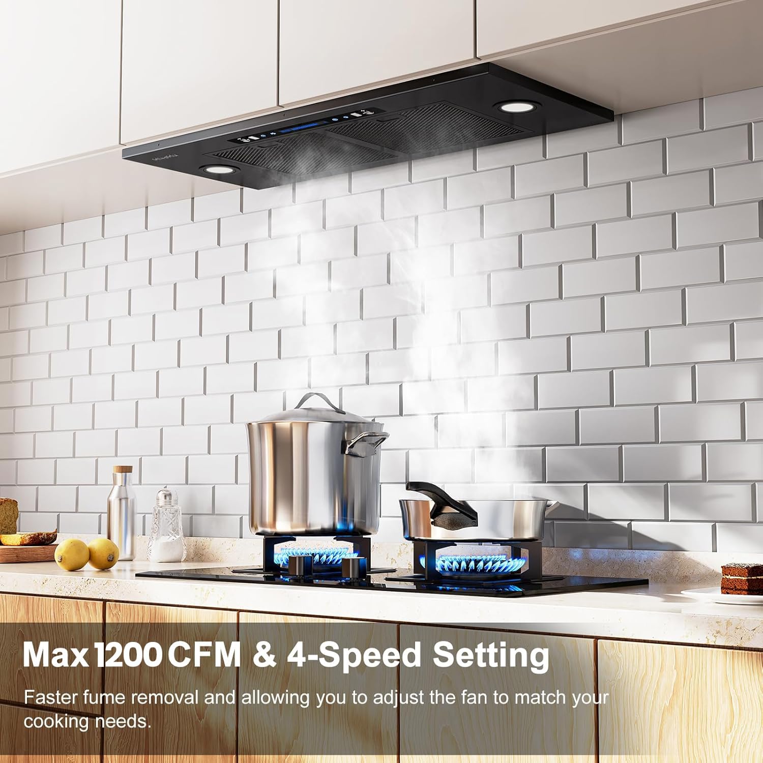 HisoHu 30 Inch Under Ducted Cabinet Range Hood with 1200 CFM, 4 Speed Gesture Sensing Kitchen Exhaust Hood & Touch Control Panel, Stainless Steel Stove Vent Hood with 2 LED Lights