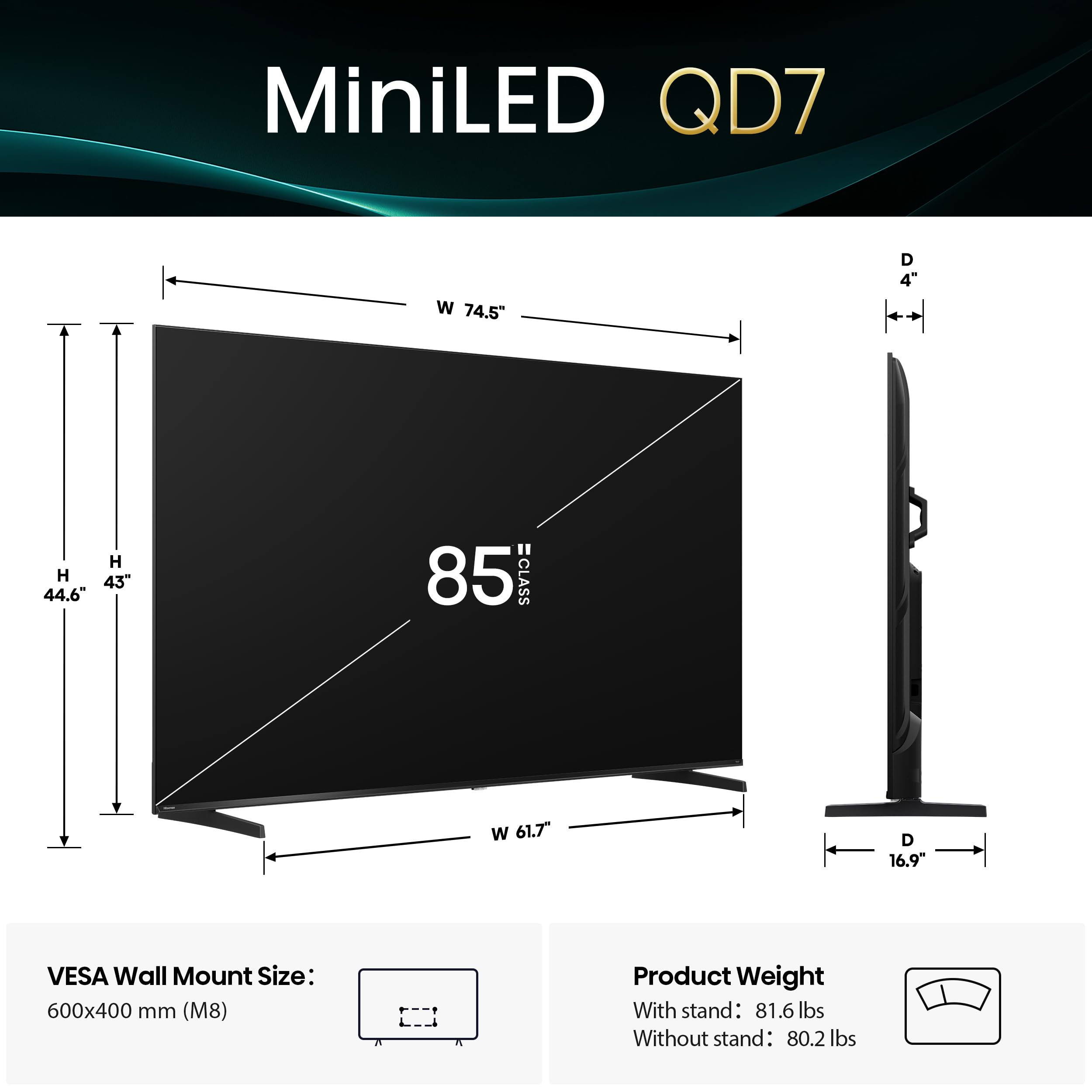 Hisense 75" QD7 Mini-LED 4K Smart Fire TV - QLED, 144Hz, HDR10+, Dolby Vision/Atmos, Game Mode Pro, Alexa Built-in (75QD7QF)