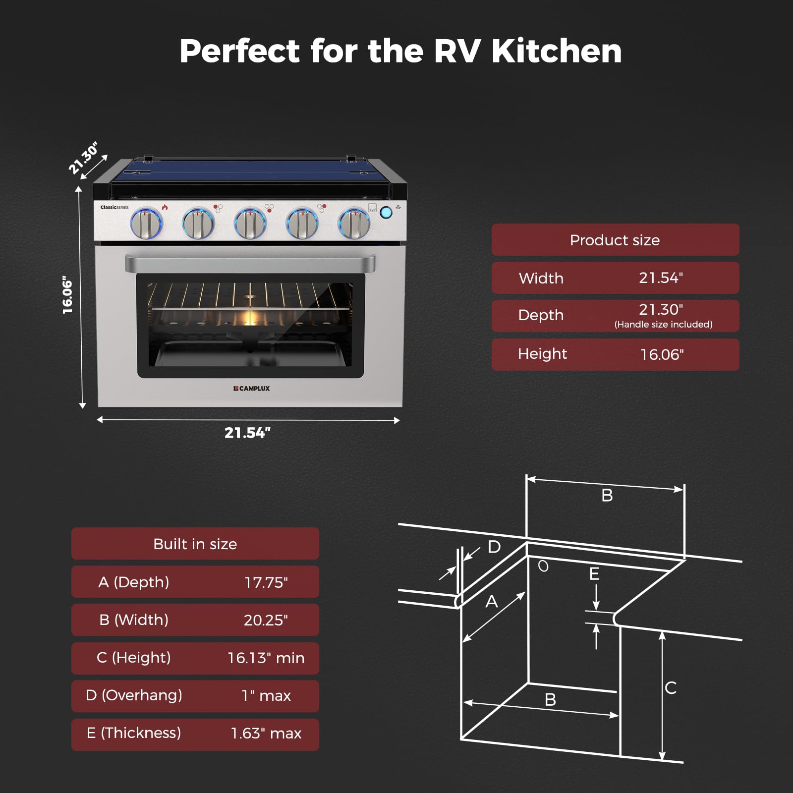 CAMPLUX Classic RV Stove Propane Range 21 Inches, Propane Oven with 3 Burners Cooktop for RV, RV Oven Stove Combo 28,100 BTU/Hr, Stainless Steel RGS21MSF