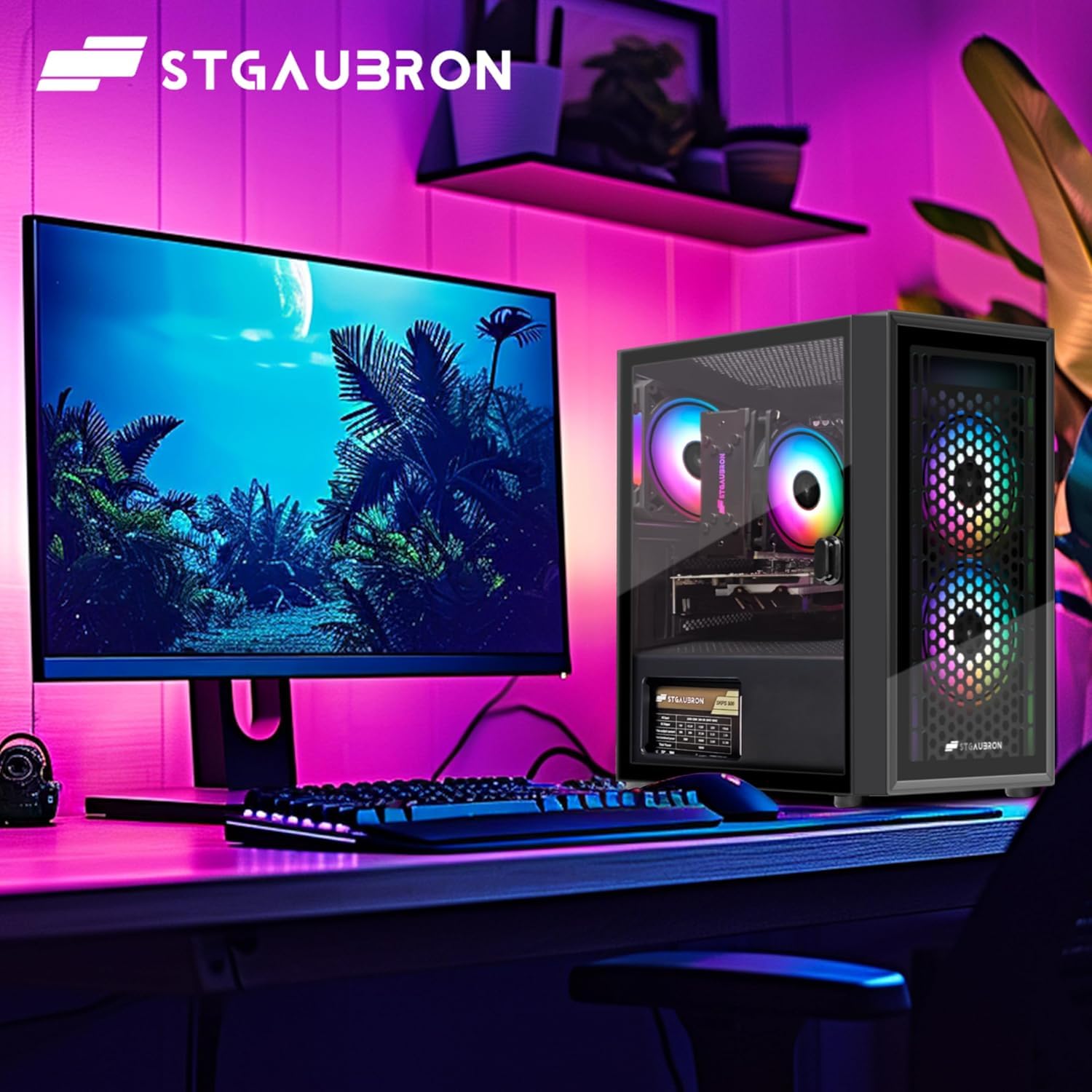 STGAubron Gaming PC Desktop Computer, Intel Core i7 up to 3.9GHz, Radeon RX 580 8G, 16G RAM, 512G SSD, WiFi 6, BT 5.0, RGB Fan x4, Windows 11 Home