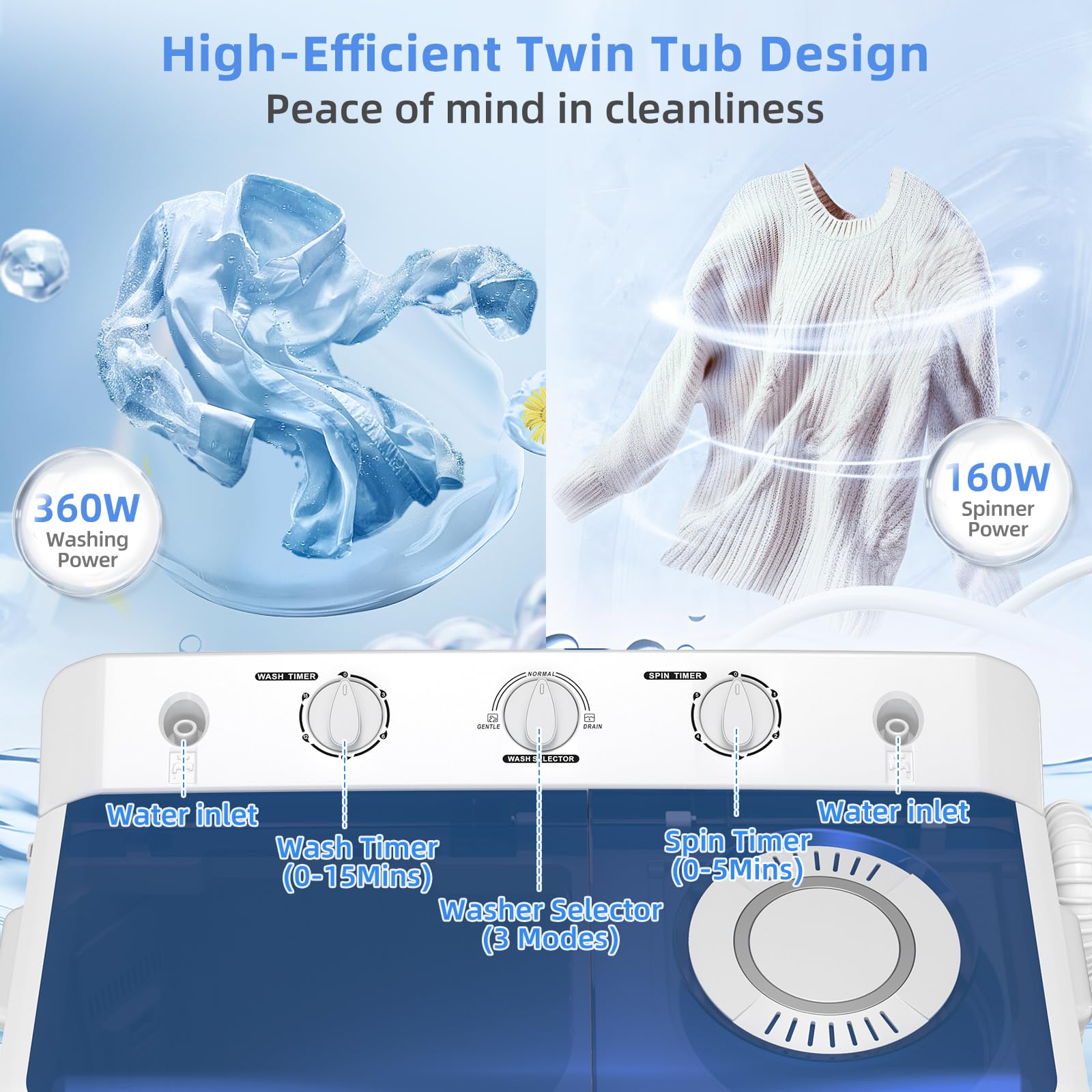 VCJ Portable Washing Machine, Twin Tub Washing Machine Laundry Compact Washer spinner Combo with 14lbs capacity, 9Lbs Washer and 5Lbs Spinner dryer for Apartments RVs and Dorms