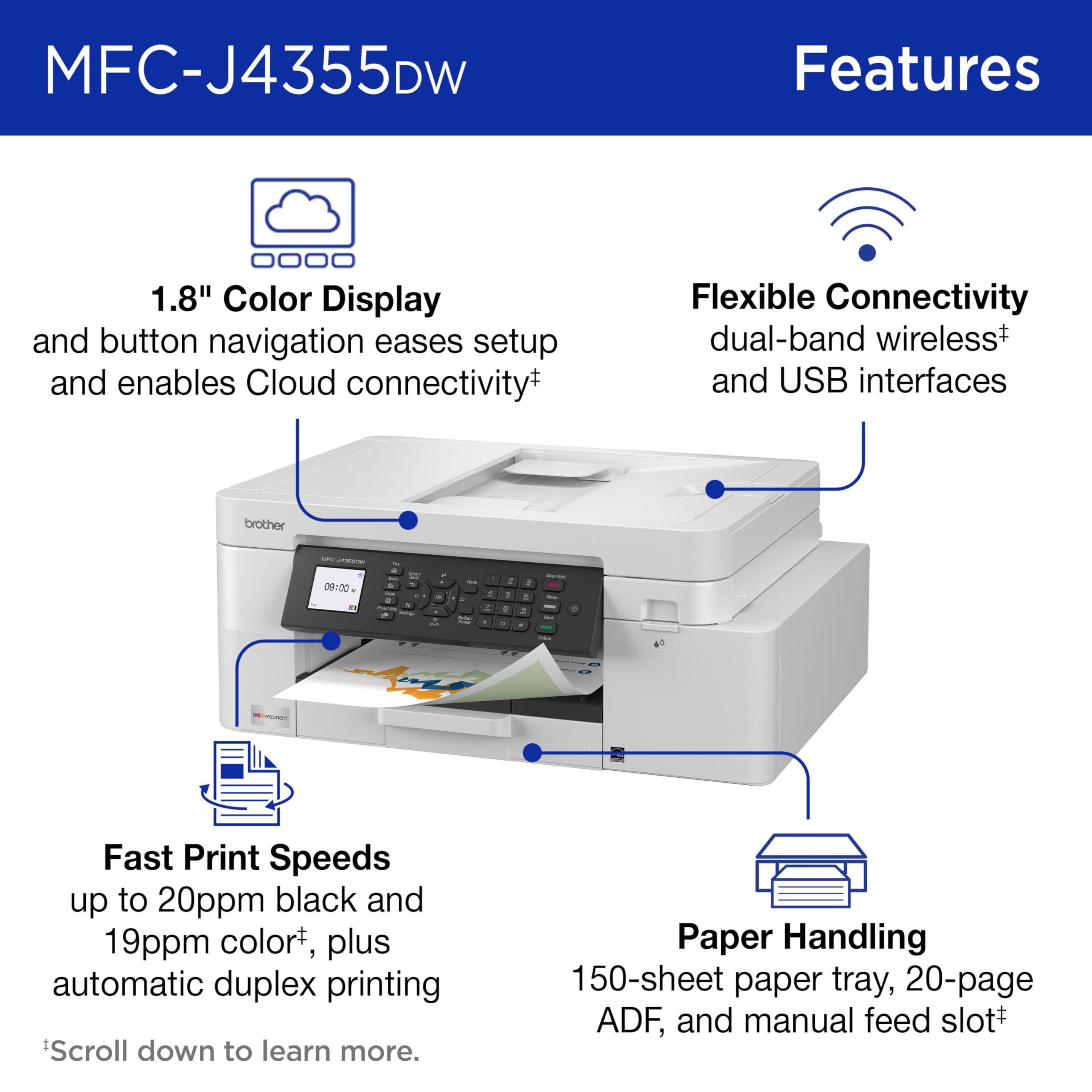 Brother INKvestment 4355 Wireless Color Inkjet All-in-One Printer with 1.8” Color Display and Manual Feed Slot | Includes Refresh Subscription Trial(1) (MFC-J4355DW)