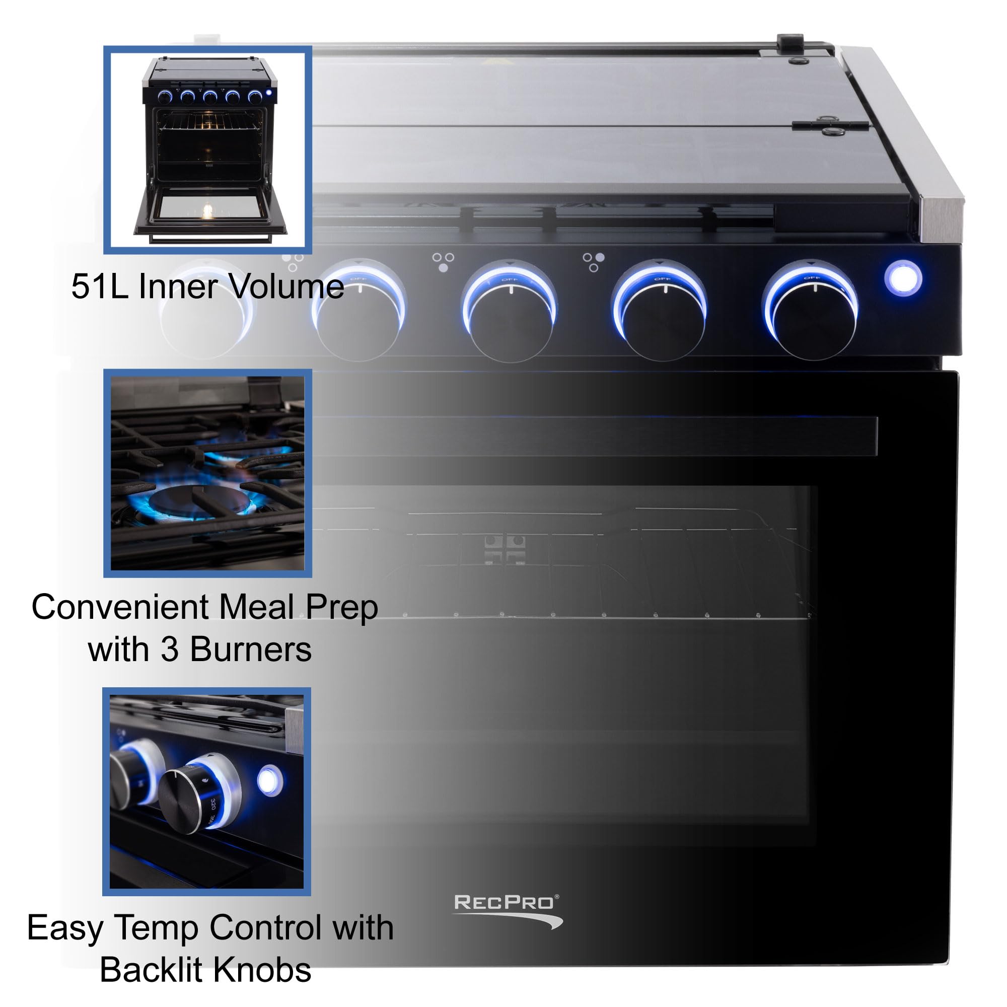 RecPro RV Stove | Gas Range 21" Tall | Optional Vented Range Hood | 3 Burner | 1.8 Cu. Ft | 7100 BTU | Black or Silver Color Options (Silver, No Vented Range Hood)