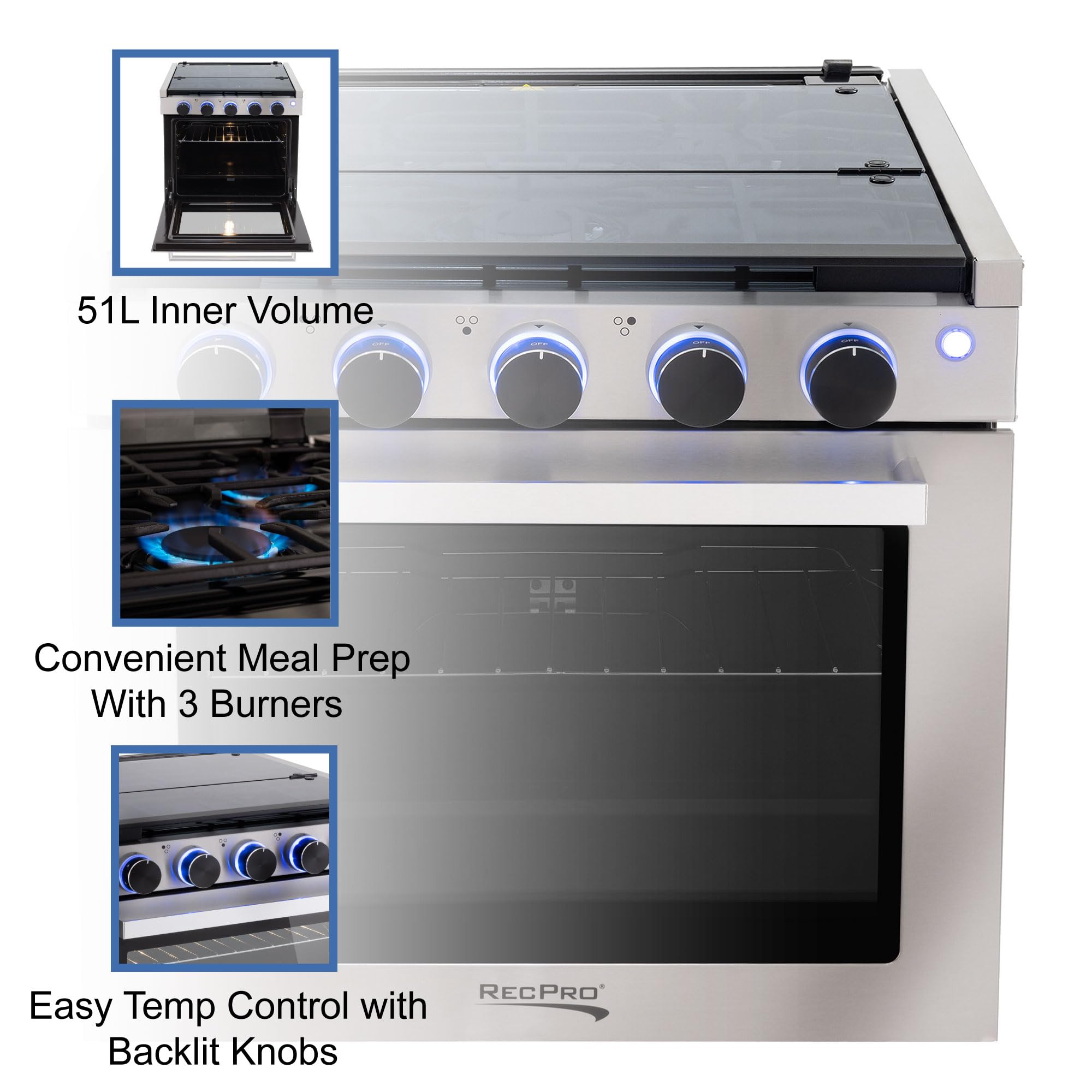 RecPro RV Stove | Gas Range 21" Tall | Optional Vented Range Hood | 3 Burner | 1.8 Cu. Ft | 7100 BTU | Black or Silver Color Options (Silver, No Vented Range Hood)