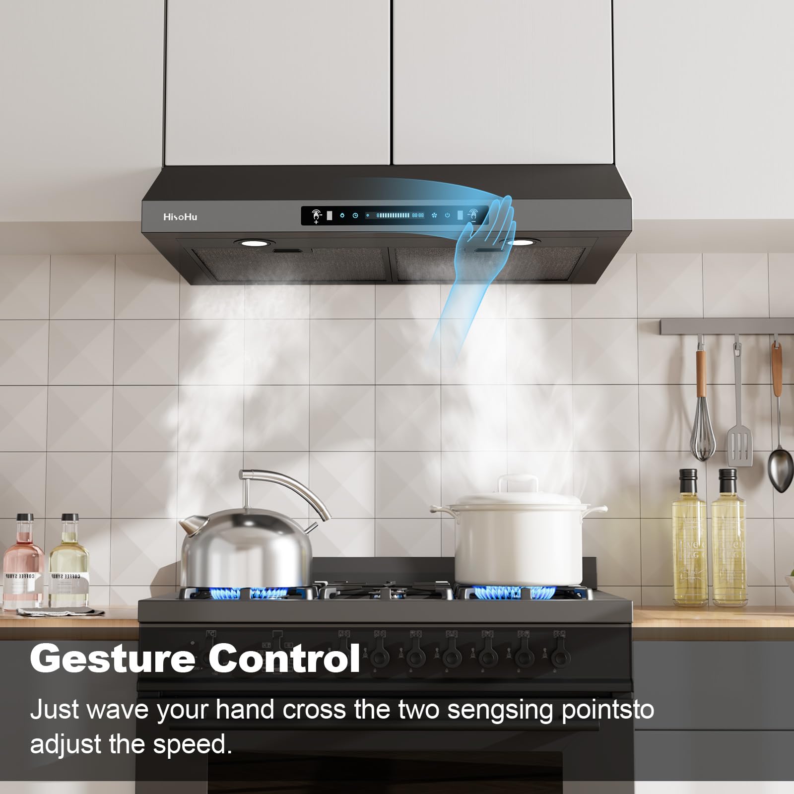 HisoHu 30 Inch Under Ducted Cabinet Range Hood with 1200 CFM, 4 Speed Gesture Sensing Kitchen Exhaust Hood & Touch Control Panel, Stainless Steel Stove Vent Hood with 2 LED Lights