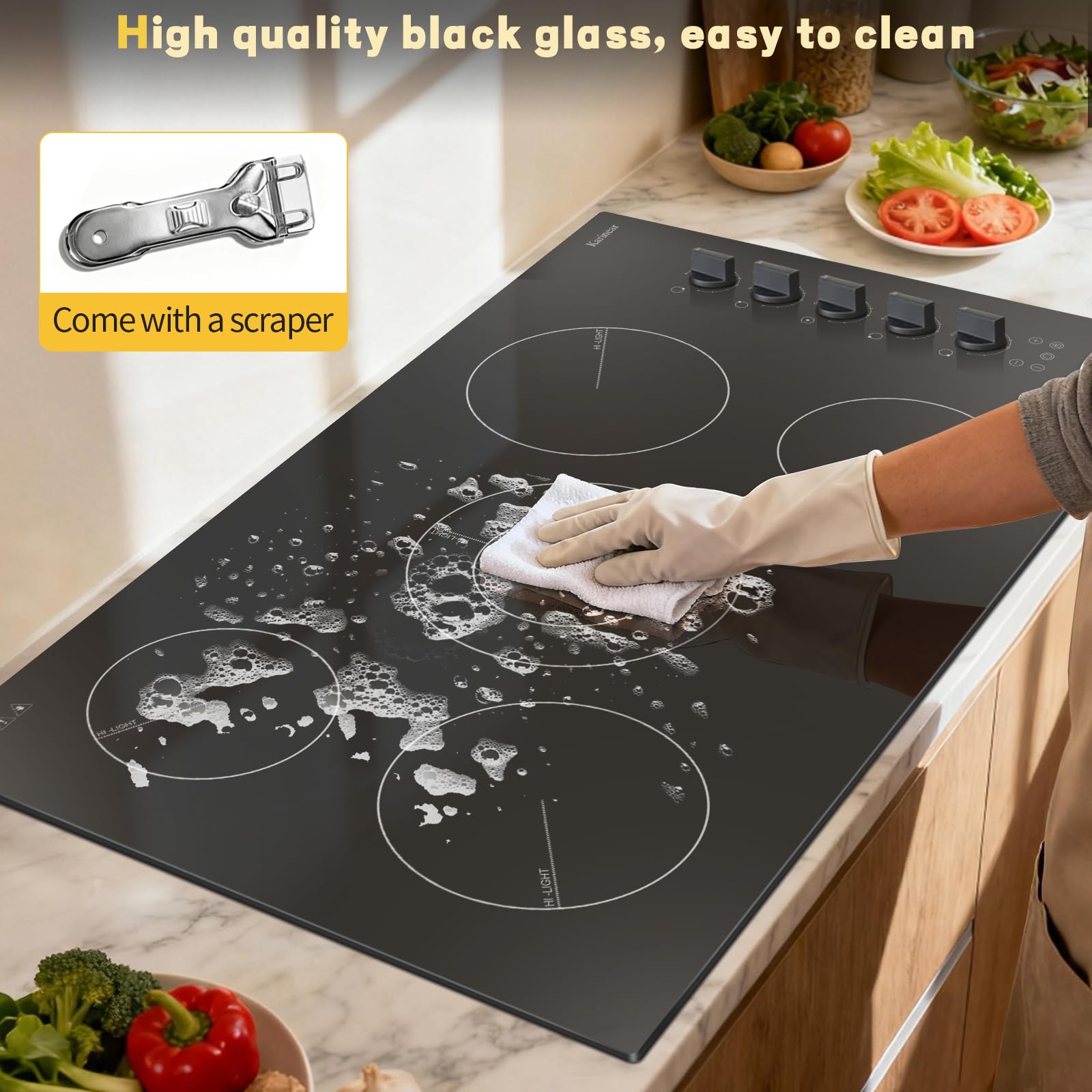 Karinear 30 Inch Electric Cooktop 4 Burners, Knob Control Built-in Ceramic Cooktop, 30" Radiant Electric Stove Top with Glass Protection Metal Frame,Fits Most Existing Cutouts, 220-240v, Hard Wire